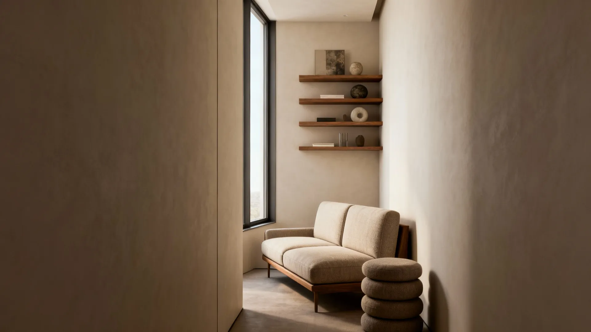 Slim two-seater sofa against a wall with floating shelves above in a narrow living room