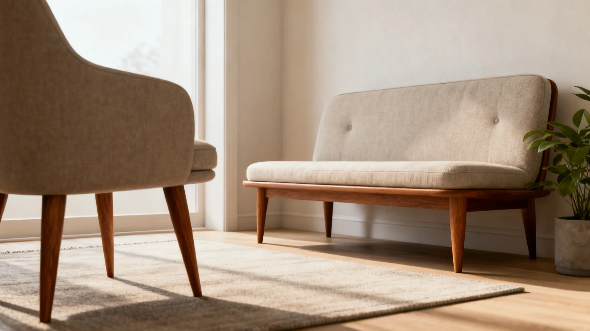 Compact mid-century sofa with tapered-leg armchair in a small living room, open sightlines and teak legs.