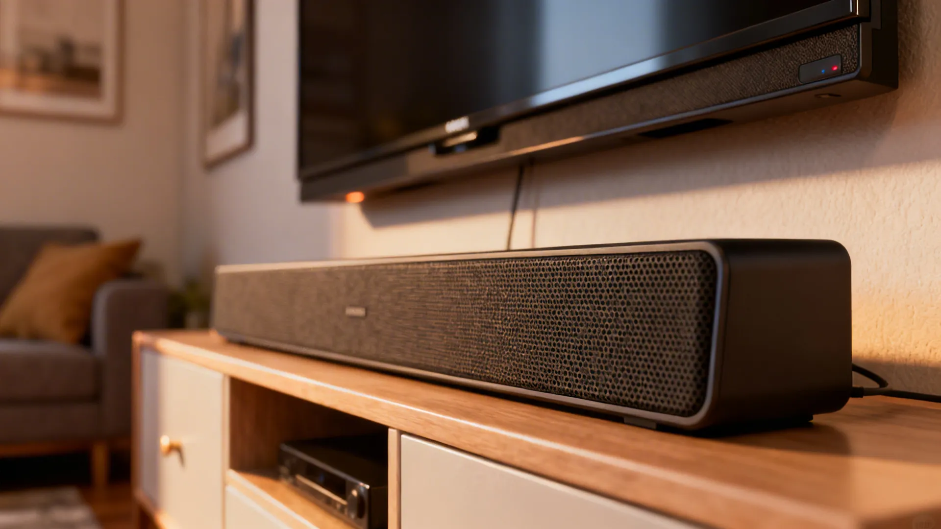 Close-up of a compact soundbar on a media console under a wall-mounted TV in a small living room.
