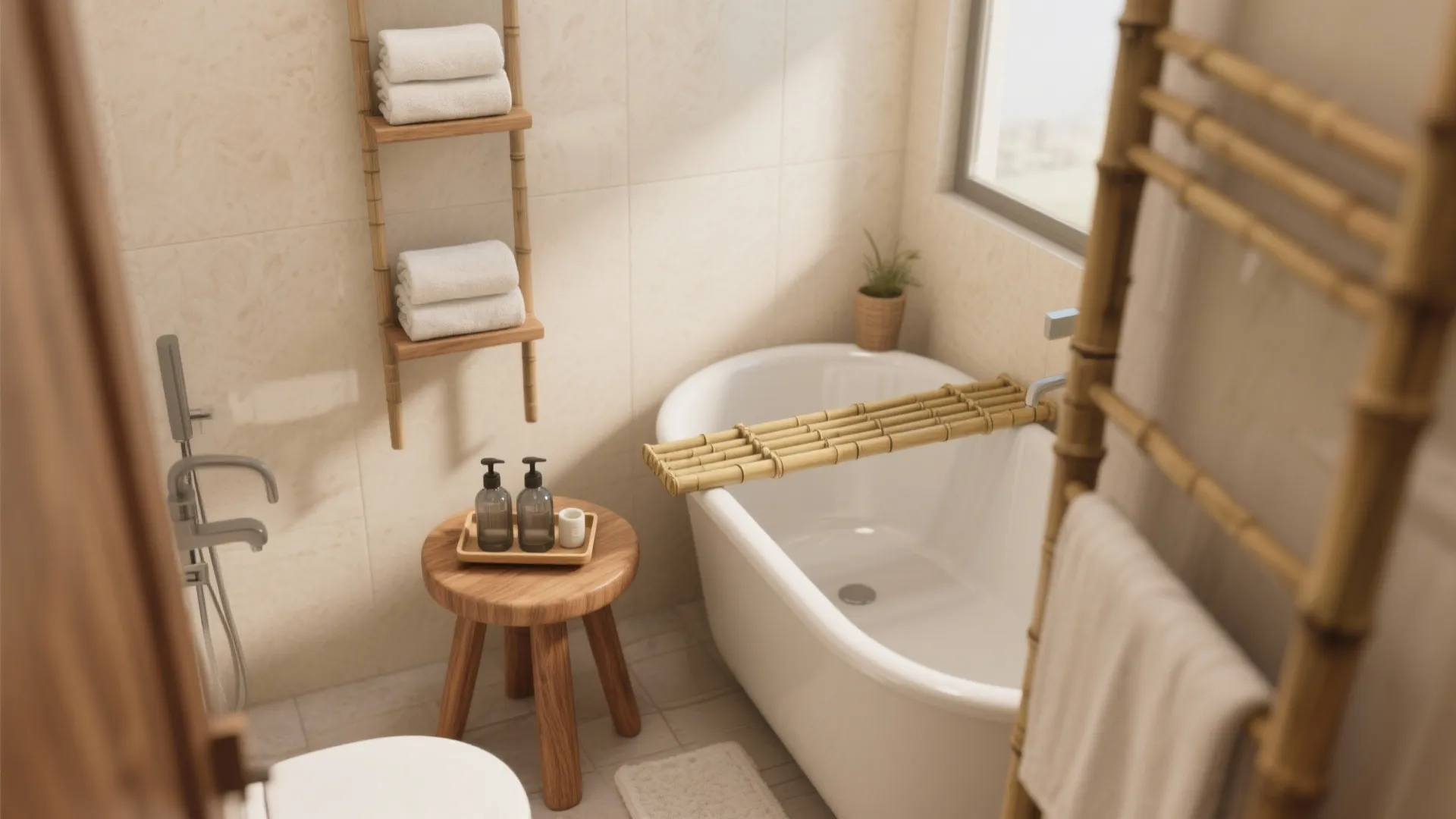 Tiny tub styled as a spa with a teak stool, bamboo tray and matte glass dispensers.