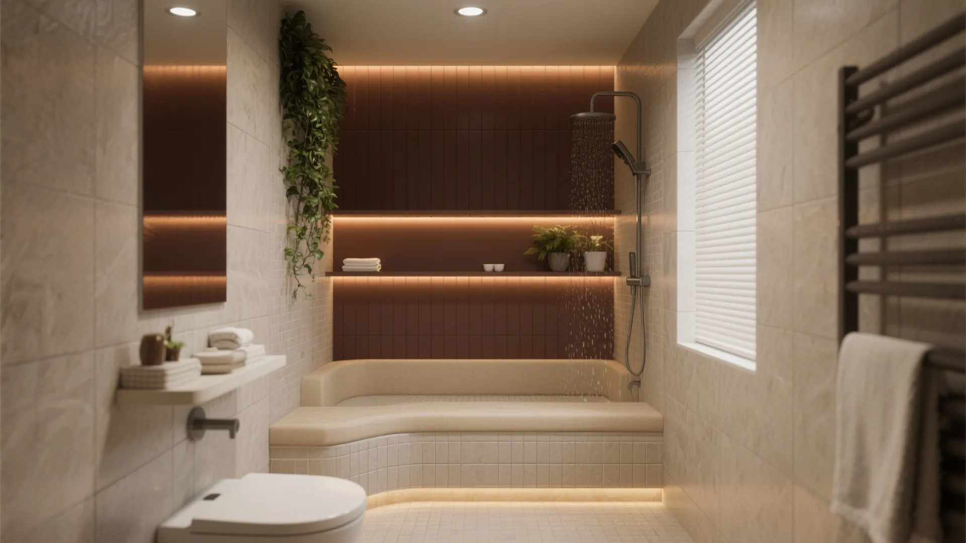 5. Compact spa nook: beige bench, brown accent, layered lighting