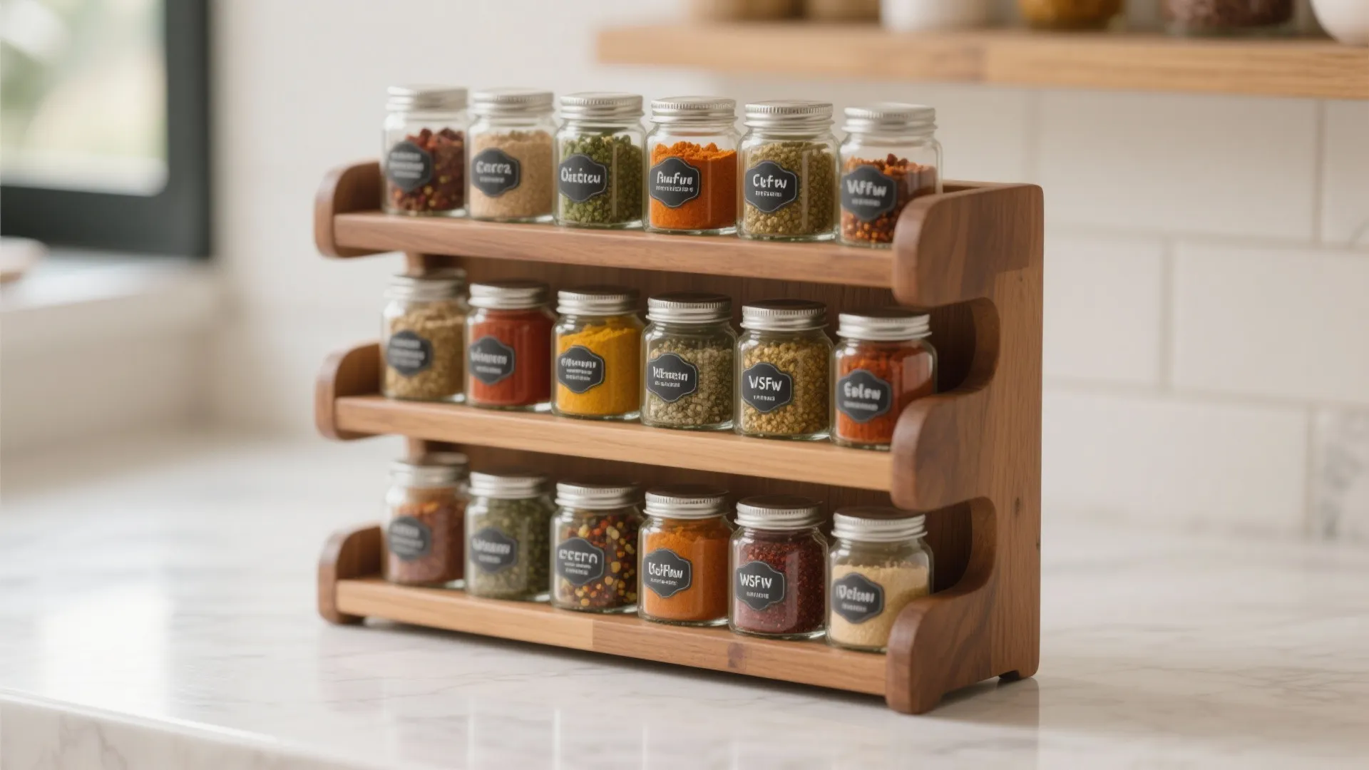 Three tier wooden spice rack holding glass jars with various colorful seasonings on marble counter