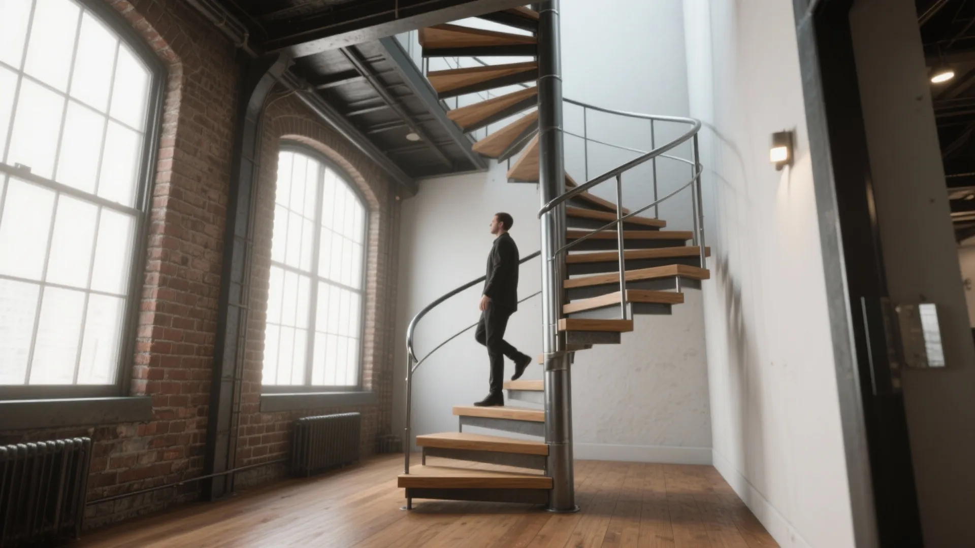 Man walking up wooden spiral staircase in industrial room with brick walls and large windows