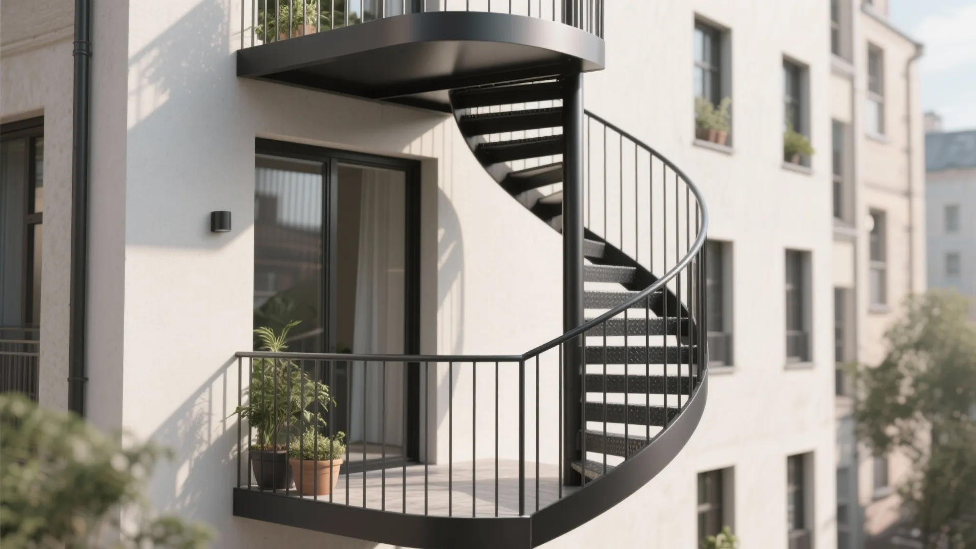Black metal spiral stairs connecting two outdoor balconies with green plants on a white building