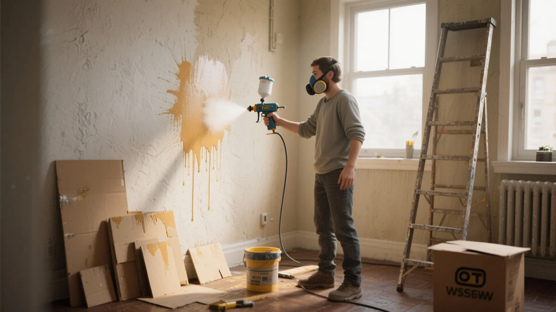 Compact DIY sprayer in use on an accent wall in a small apartment with cardboard practice pieces nearby.