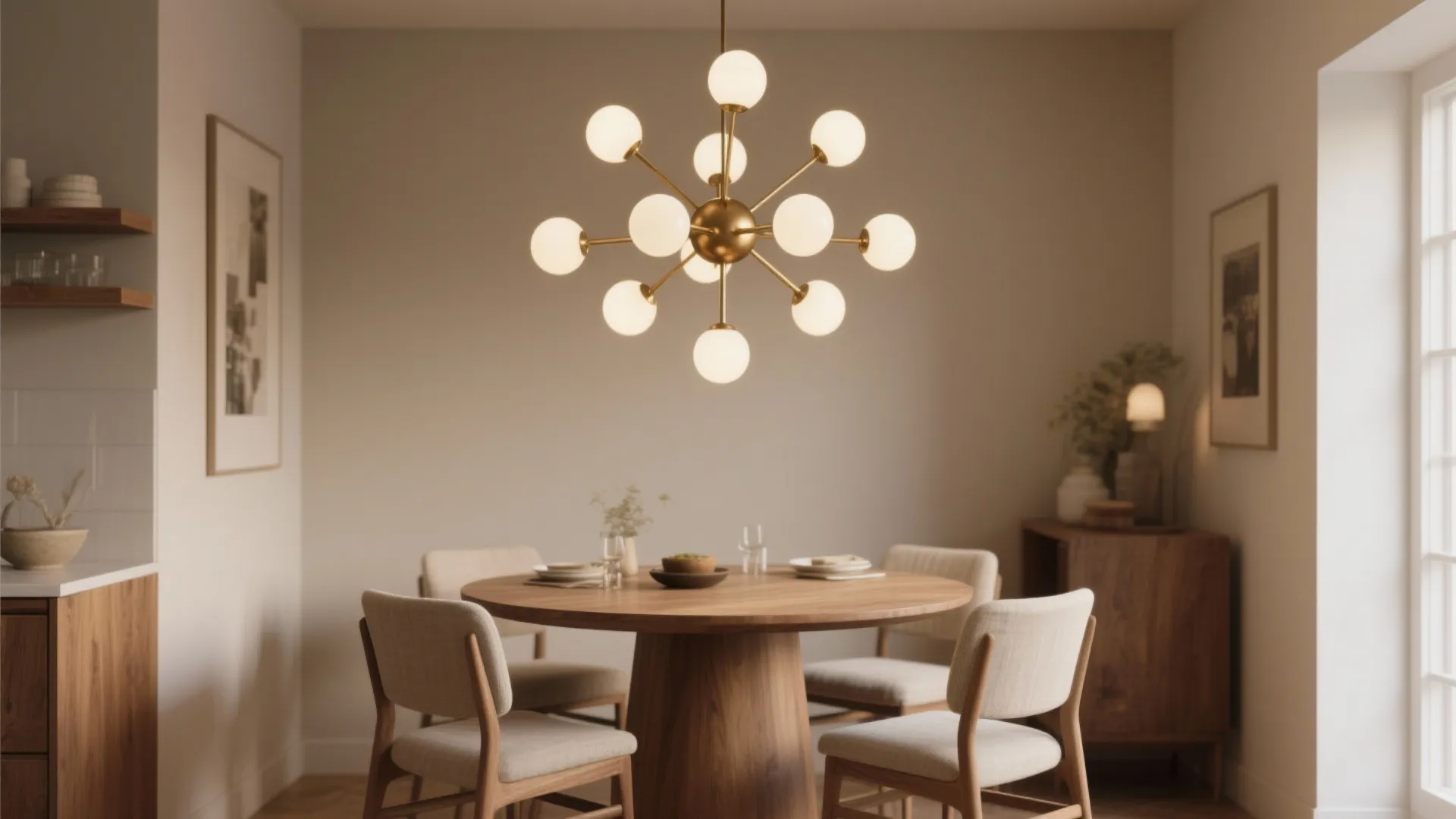 Small-scale matte brass sputnik chandelier with frosted globes above a cozy dining table.