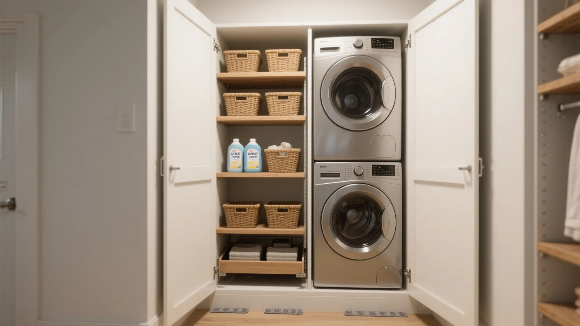 1. Compact stacked closet with pull-out shelving