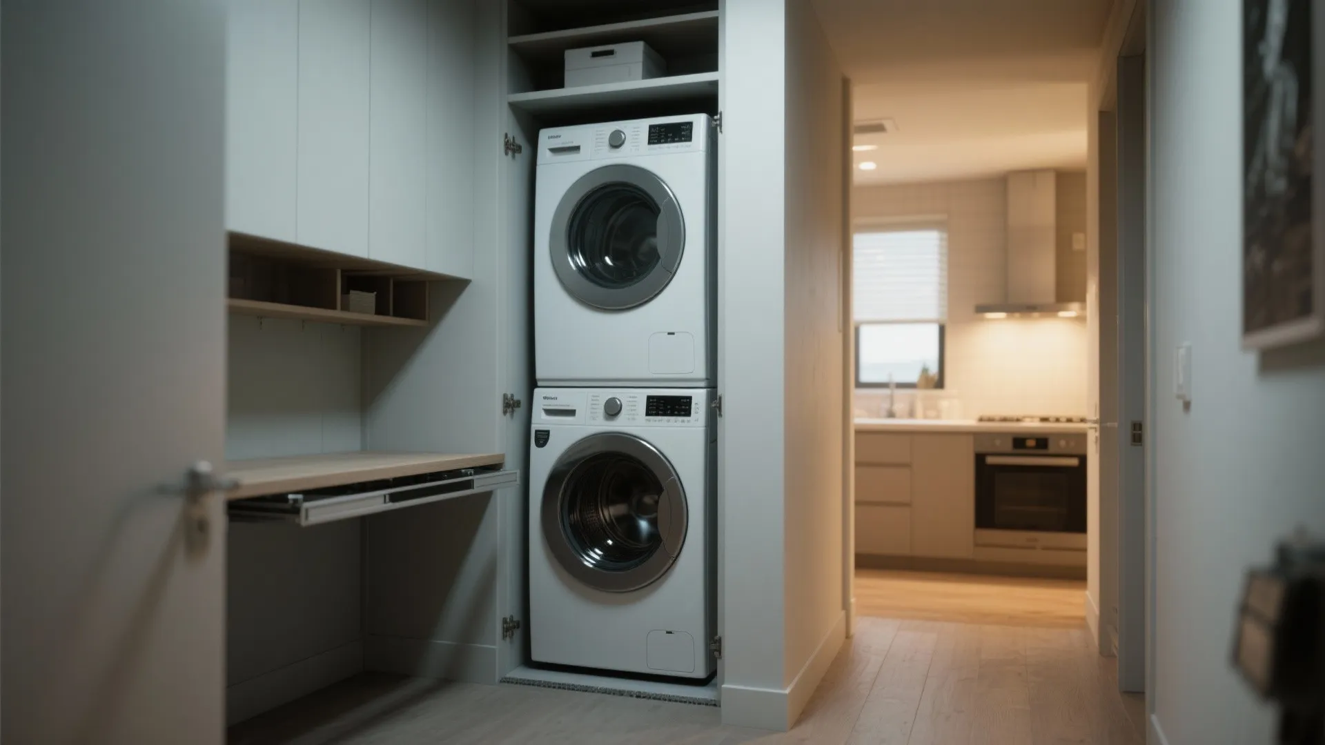 Stacked washing machine and dryer inside a white laundry nook with a hallway and kitchen