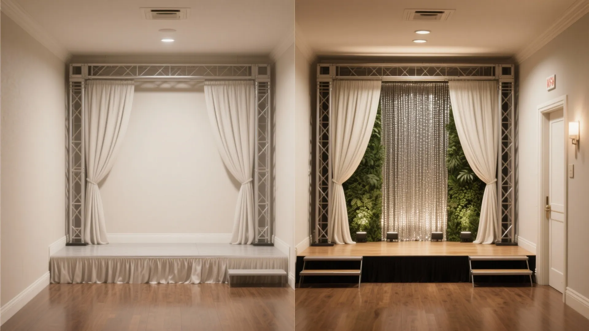 Before and after side by side comparison showing stage design with white curtain and green plants