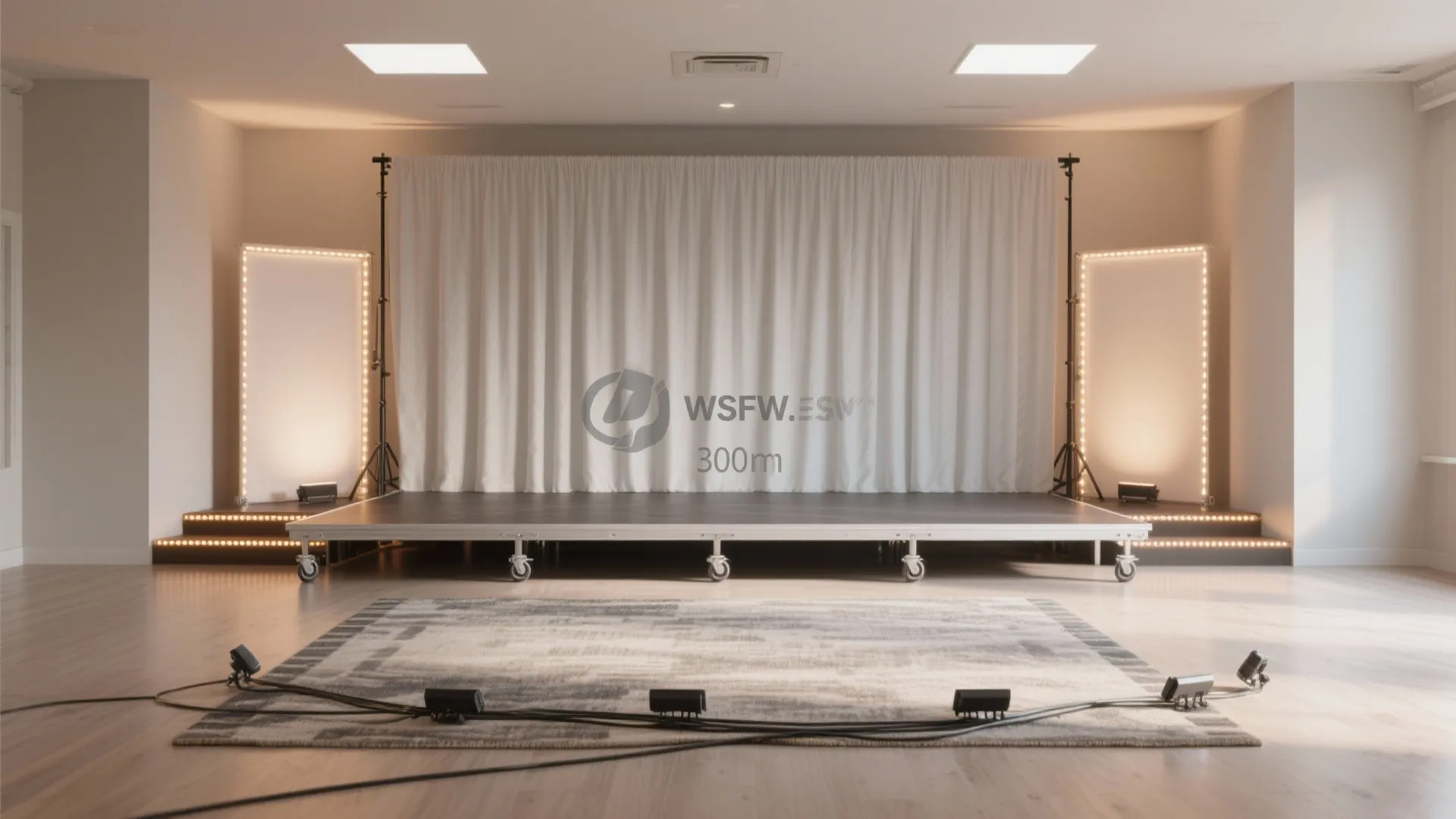 Small portable stage with white curtain backdrop two light panels and a grey patterned rug