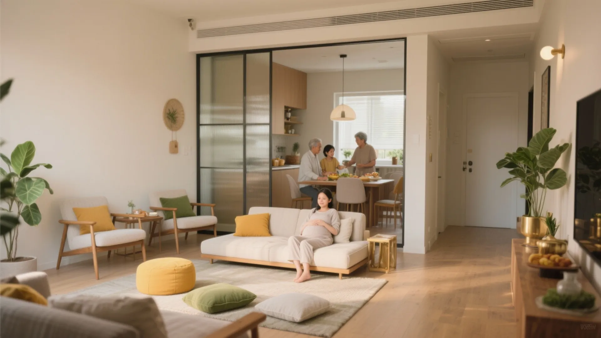 Modern open living room with white sofa and family eating in the kitchen background area
