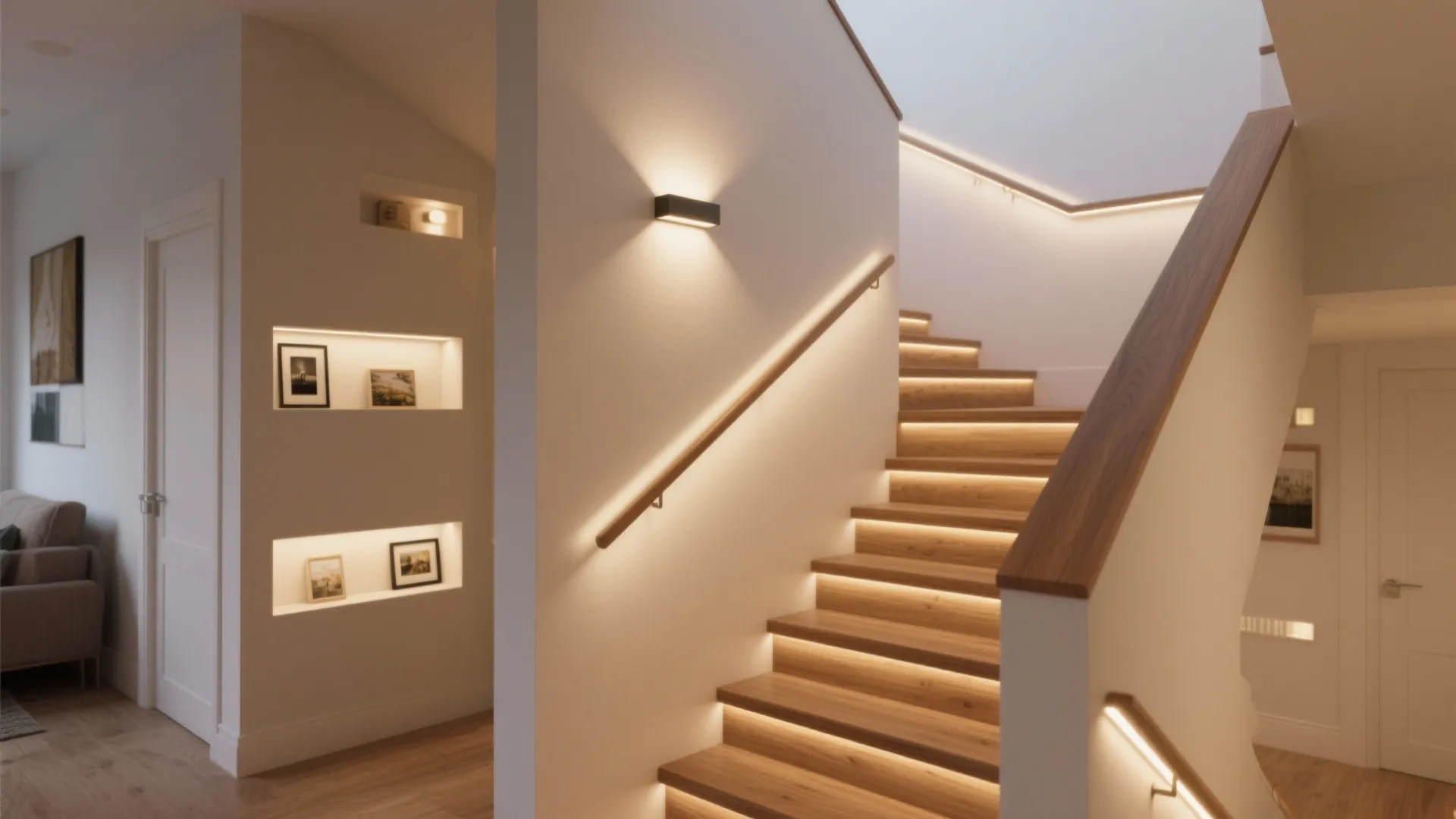 Wooden staircase with warm light strips under steps and glowing handrail inside a modern home