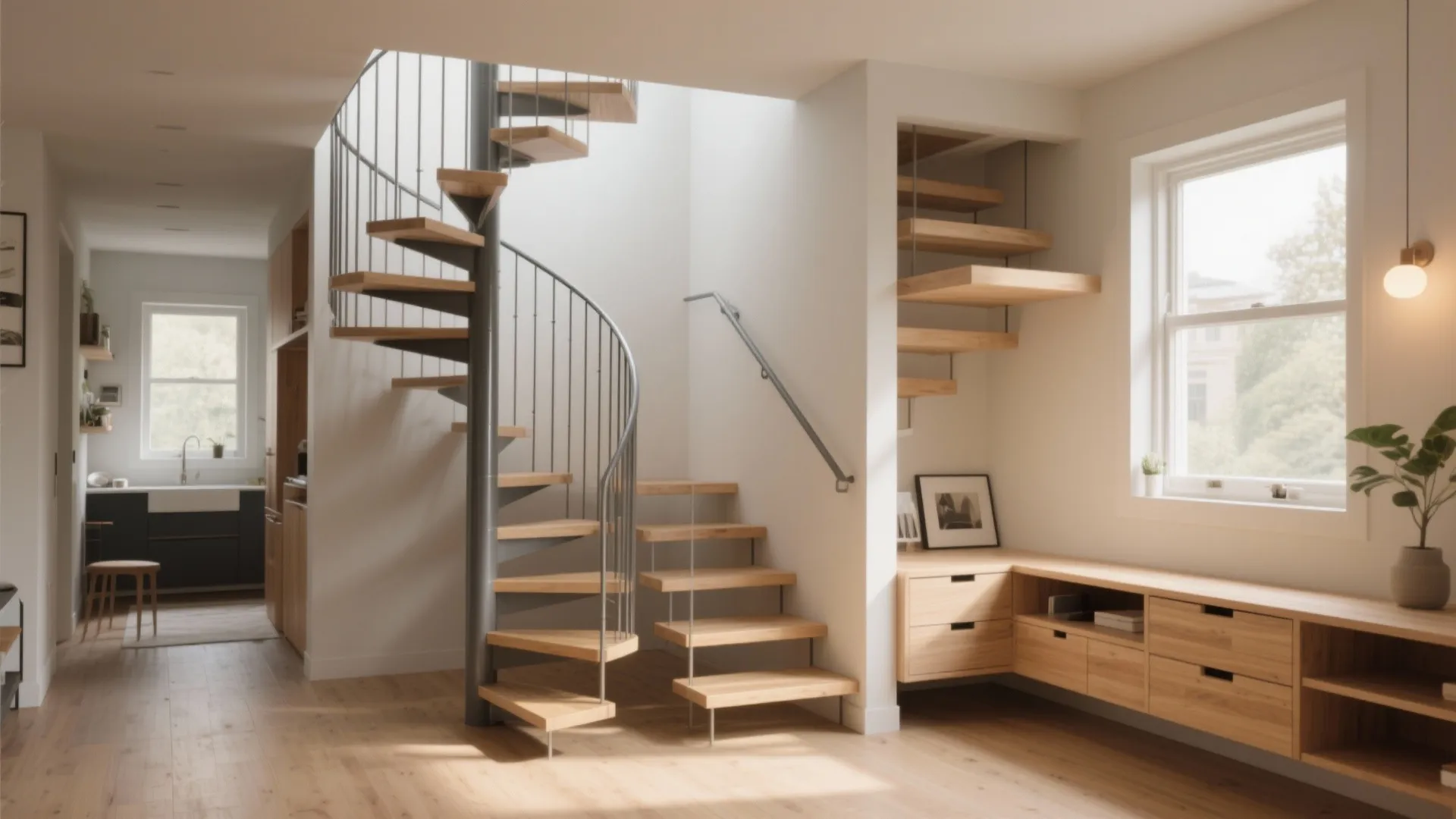 Modern living room with wooden spiral stairs, light wood flooring, wall cabinet, window, and plants