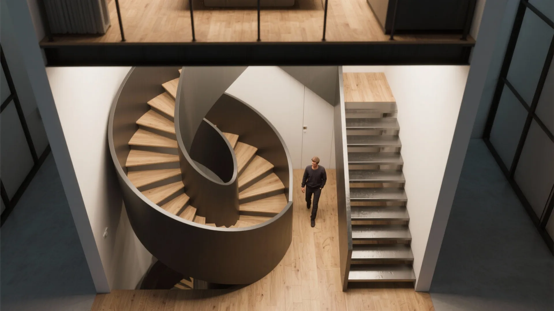 Top-down 3D visualization comparing spiral, alternating-tread, and narrow stair footprints in a small mezzanine.