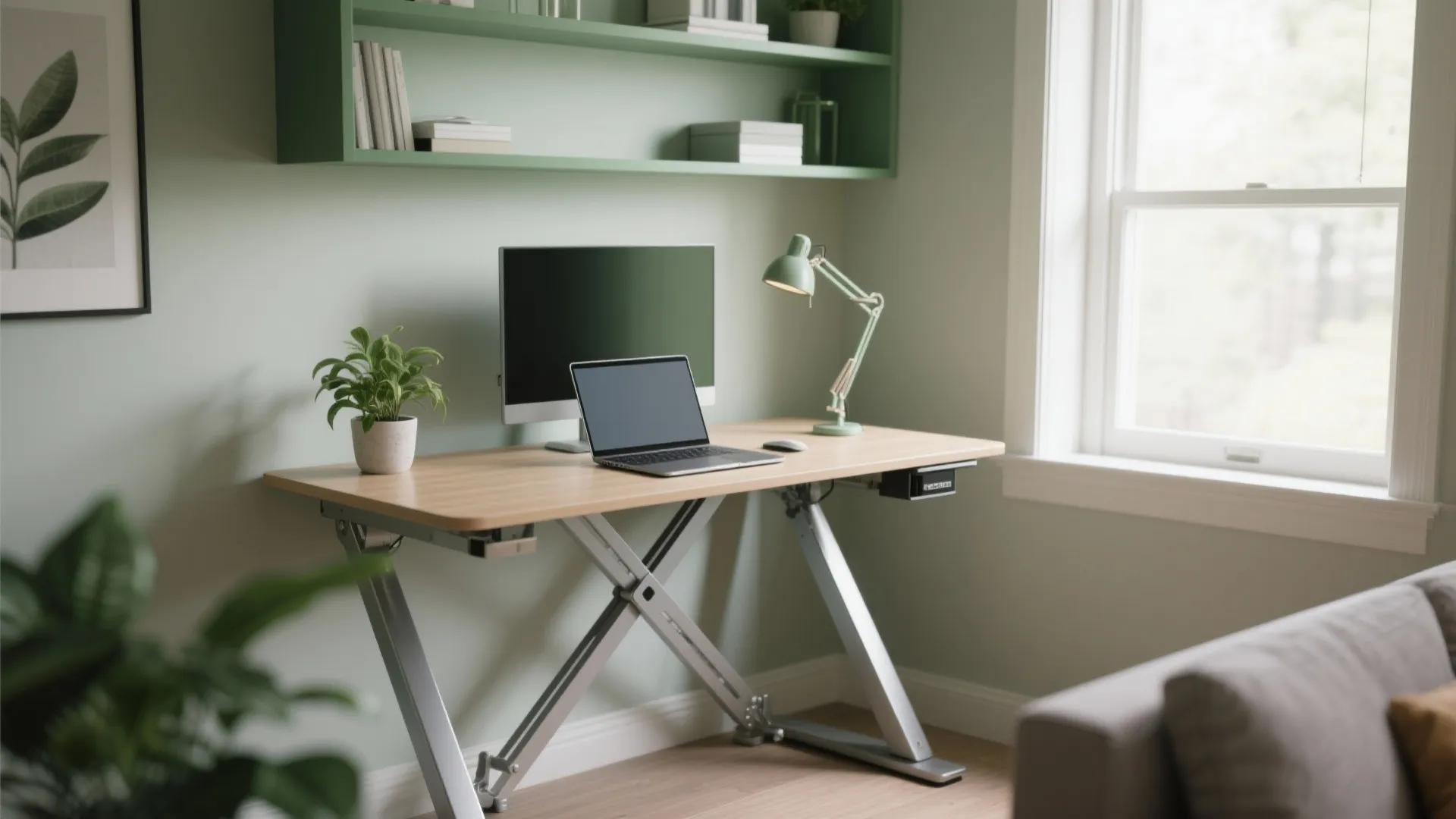 Small home office corner with a scissor lift table set to standing height, laptop and monitor visible.