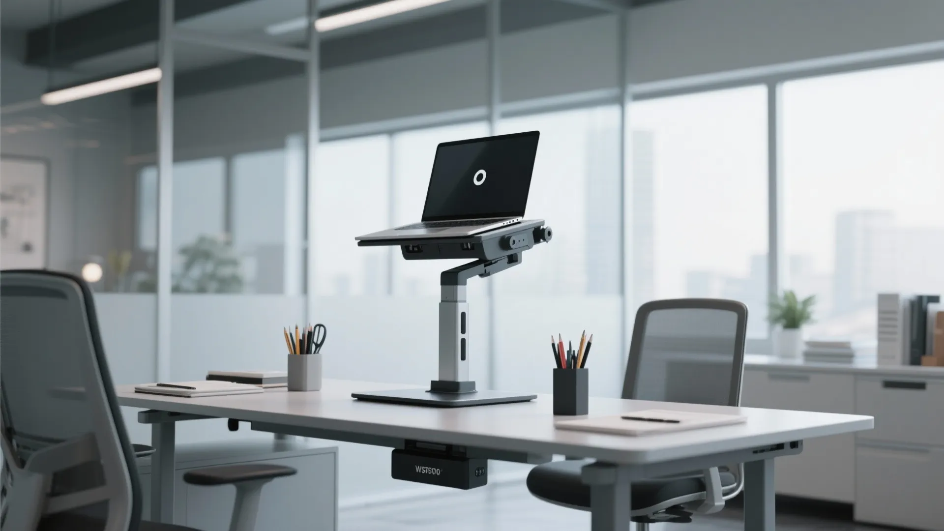 Adjustable laptop stand holding a computer on a white office desk with chairs and pencils
