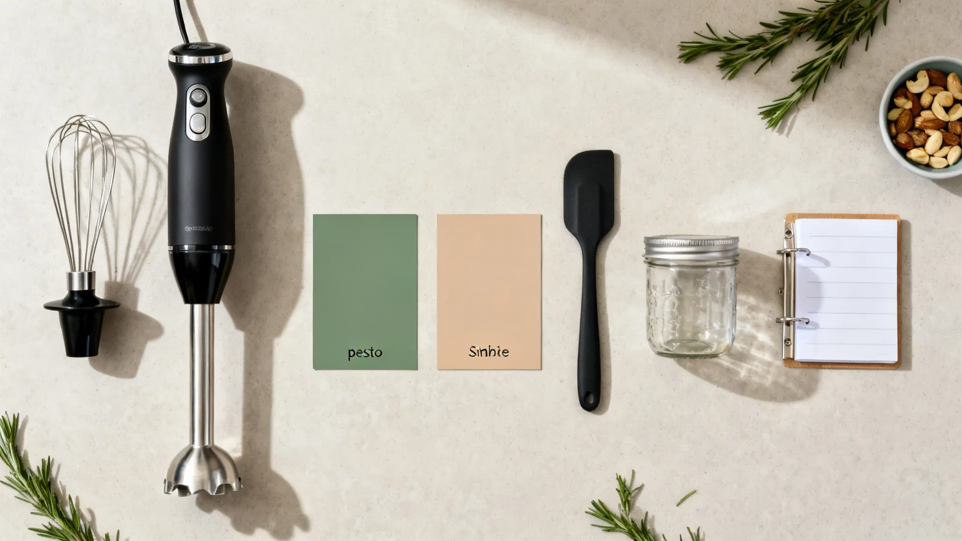 Flatlay of a sleek immersion blender, recipe starter cards, silicone spatula, and a compact binder.