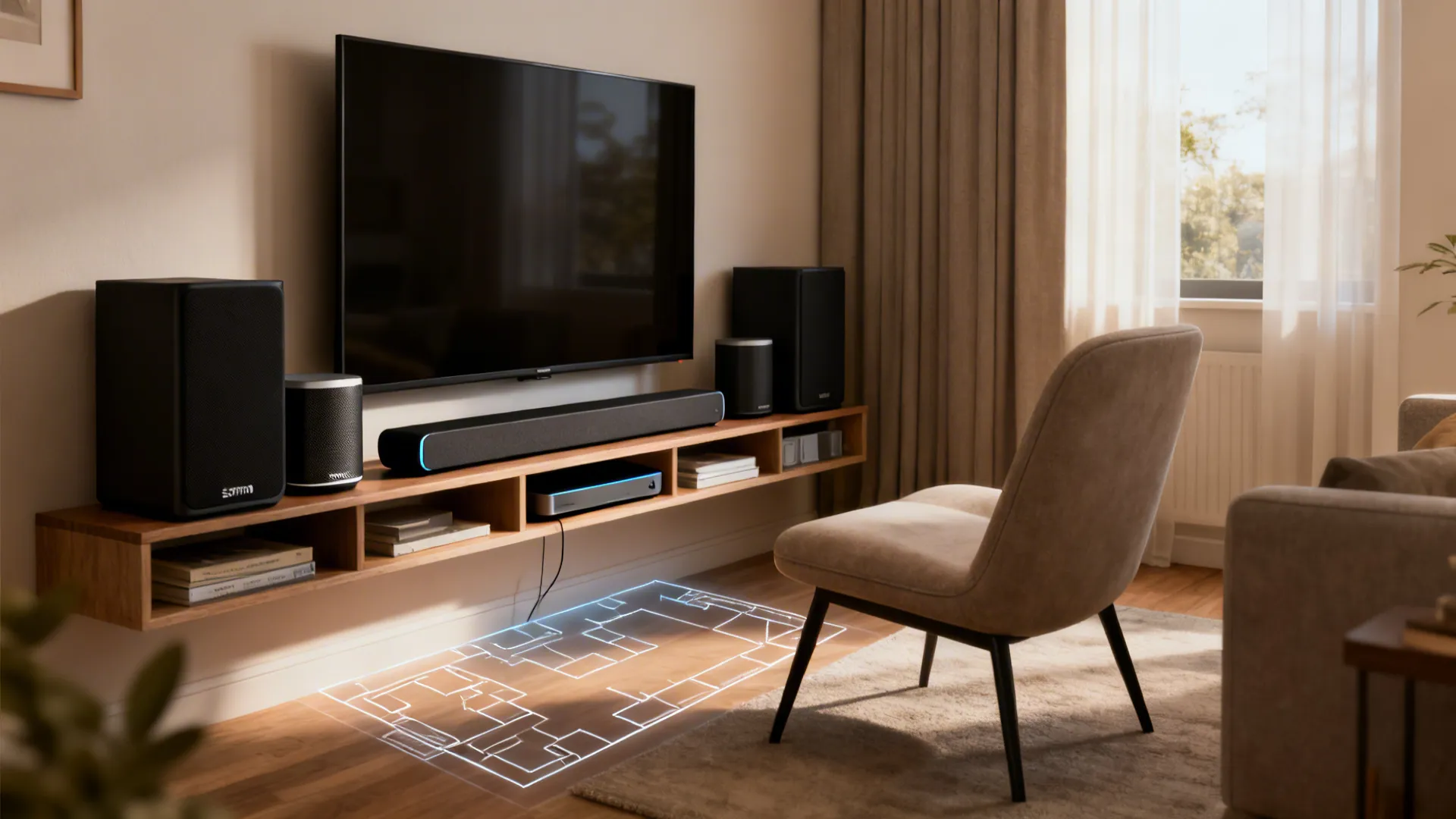 Narrow living room with Sonos Beam and rear One SLs for clear dialogue and stereo imaging.