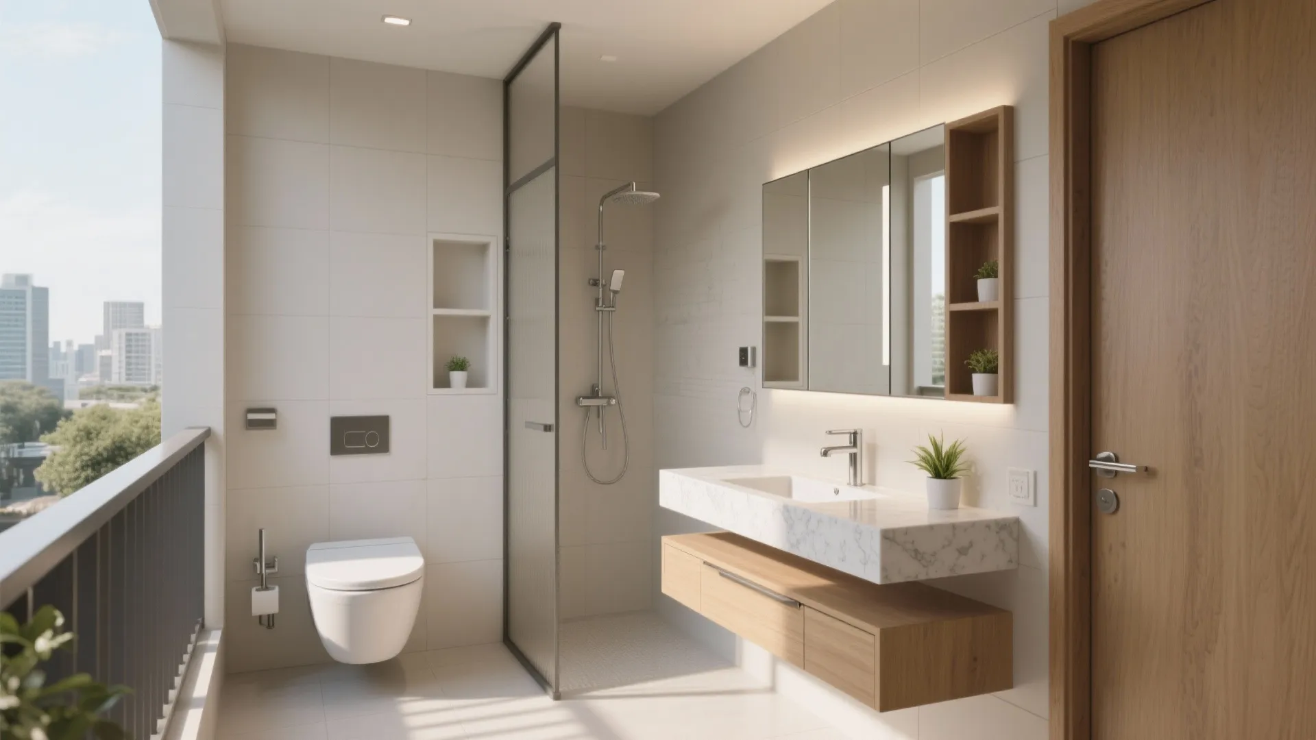 Small modern bathroom featuring a floating cabinet white toilet glass shower door and wood door