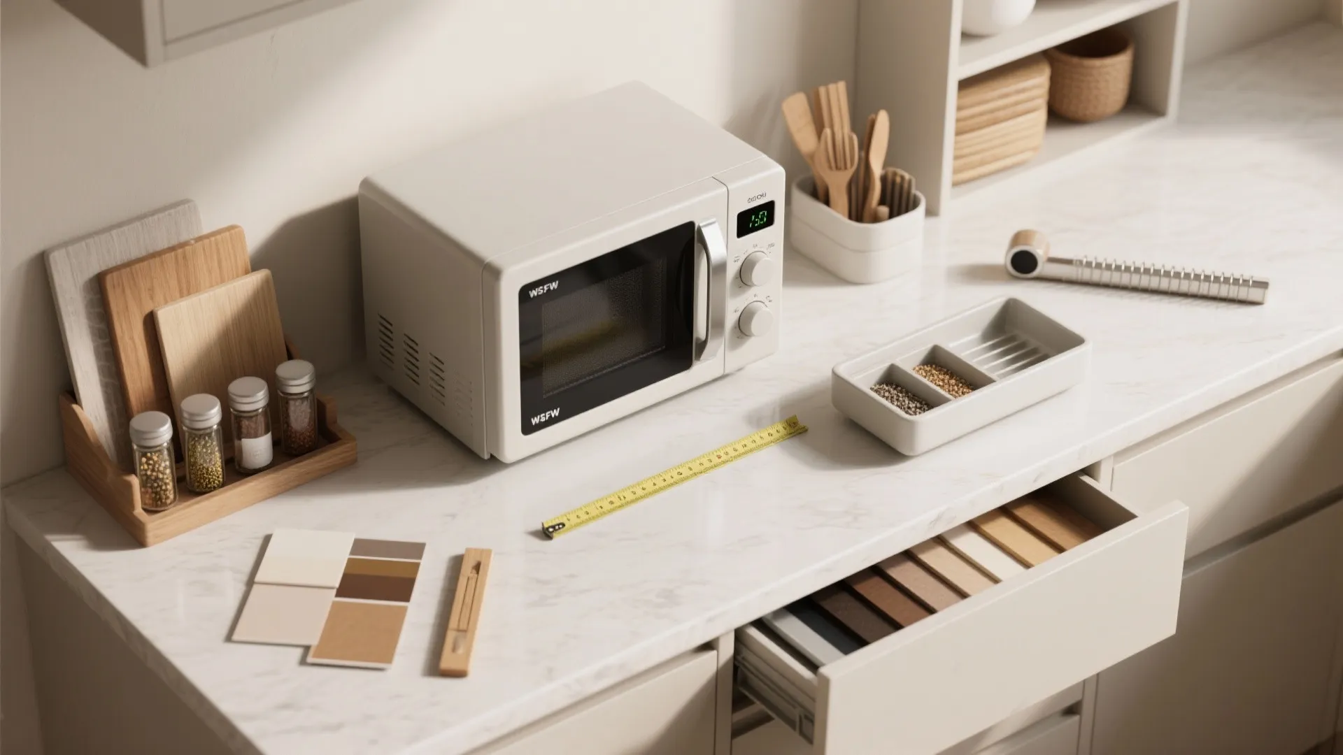 Top-down layout of a compact countertop microwave with sliding shelf, pull-out tray, and magnetic spice rail samples.