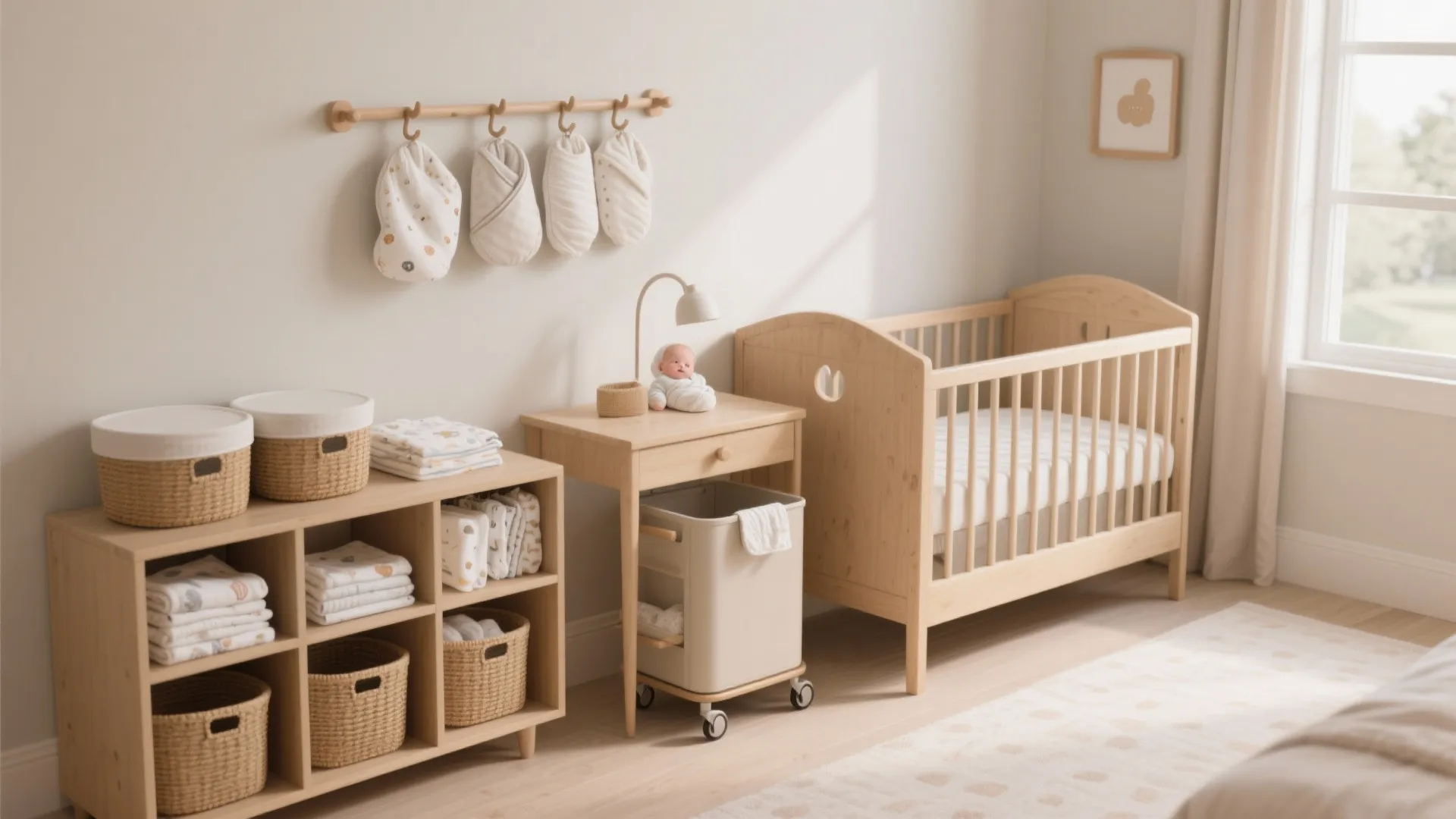 Nursery with wooden crib open cabinet filled with baskets and small desk with a table lamp