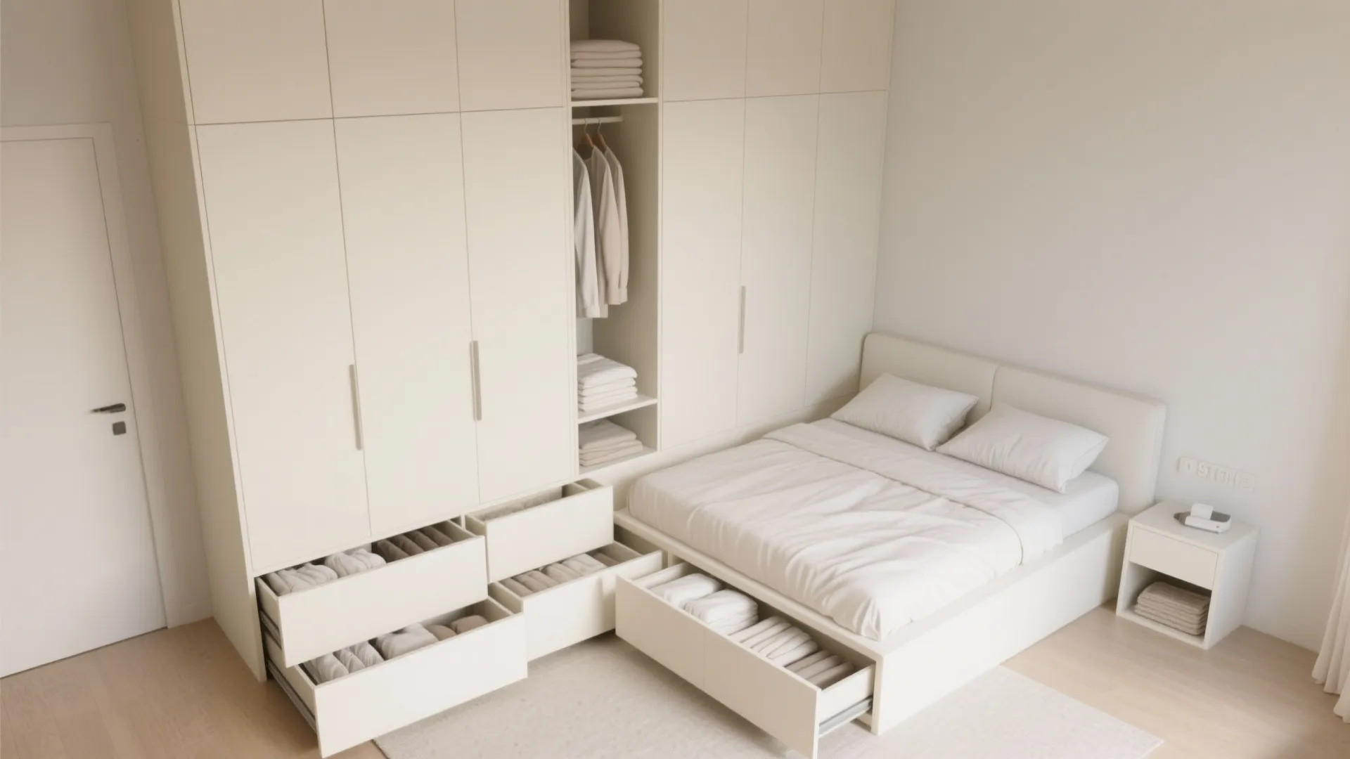 Modular shallow storage units and under-bed drawers in a cream bedroom showing hidden storage