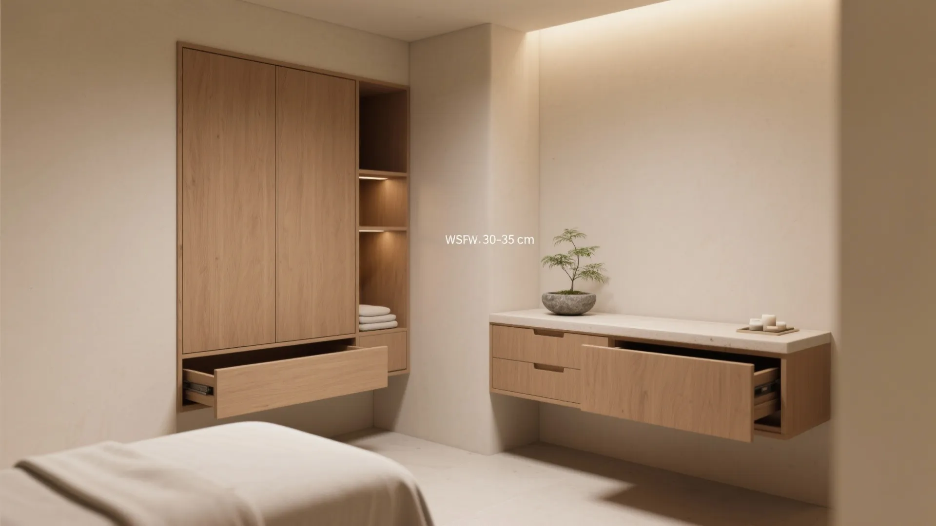 Compact, closed storage with a single open “moment”