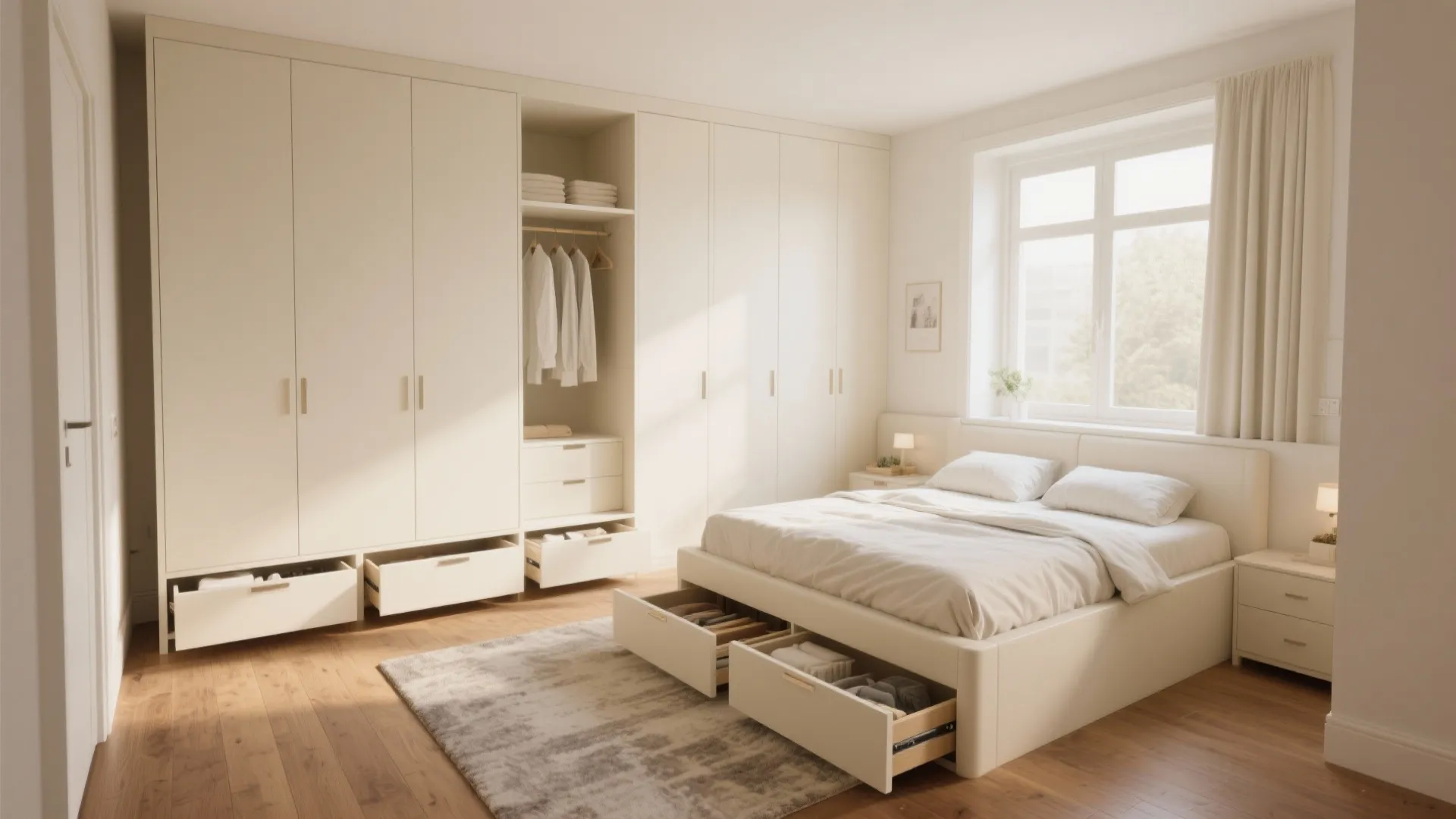 Bright bedroom with large white cabinet featuring open drawers and a bed with built-in storage