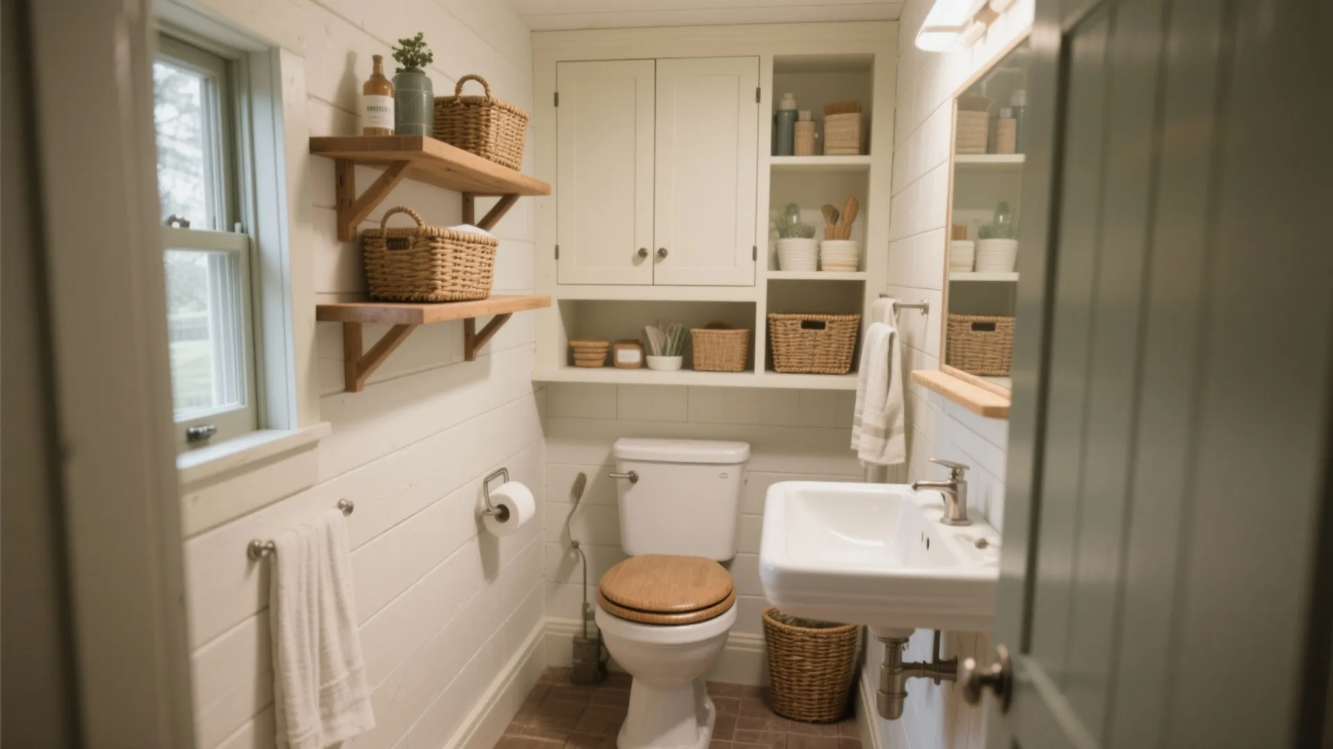 Small bathroom with white wall panel, wooden shelves, storage baskets, toilet, sink, and wall cabinet