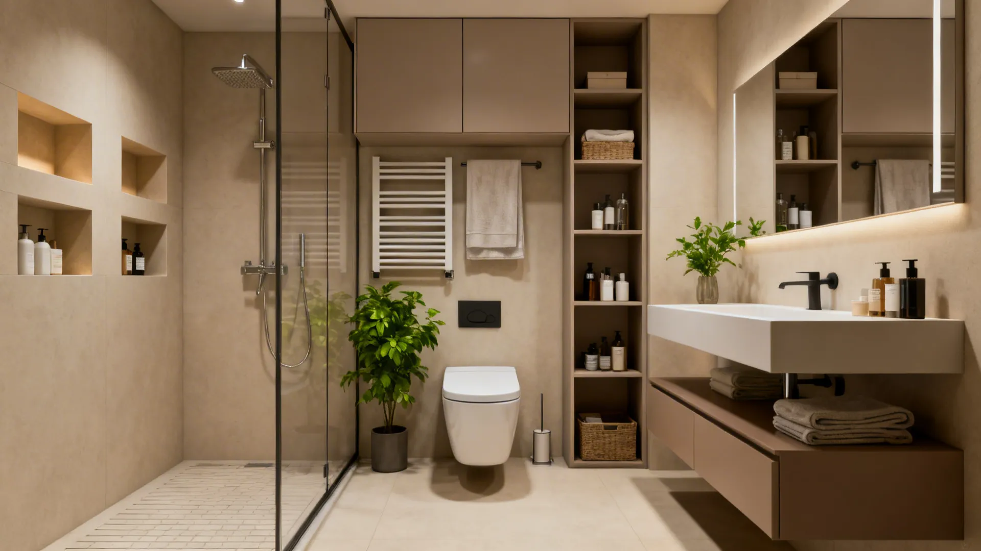 Compact bathroom with recessed shower niche, slim cabinets over radiator, wall-mounted toilet and floating vanity.