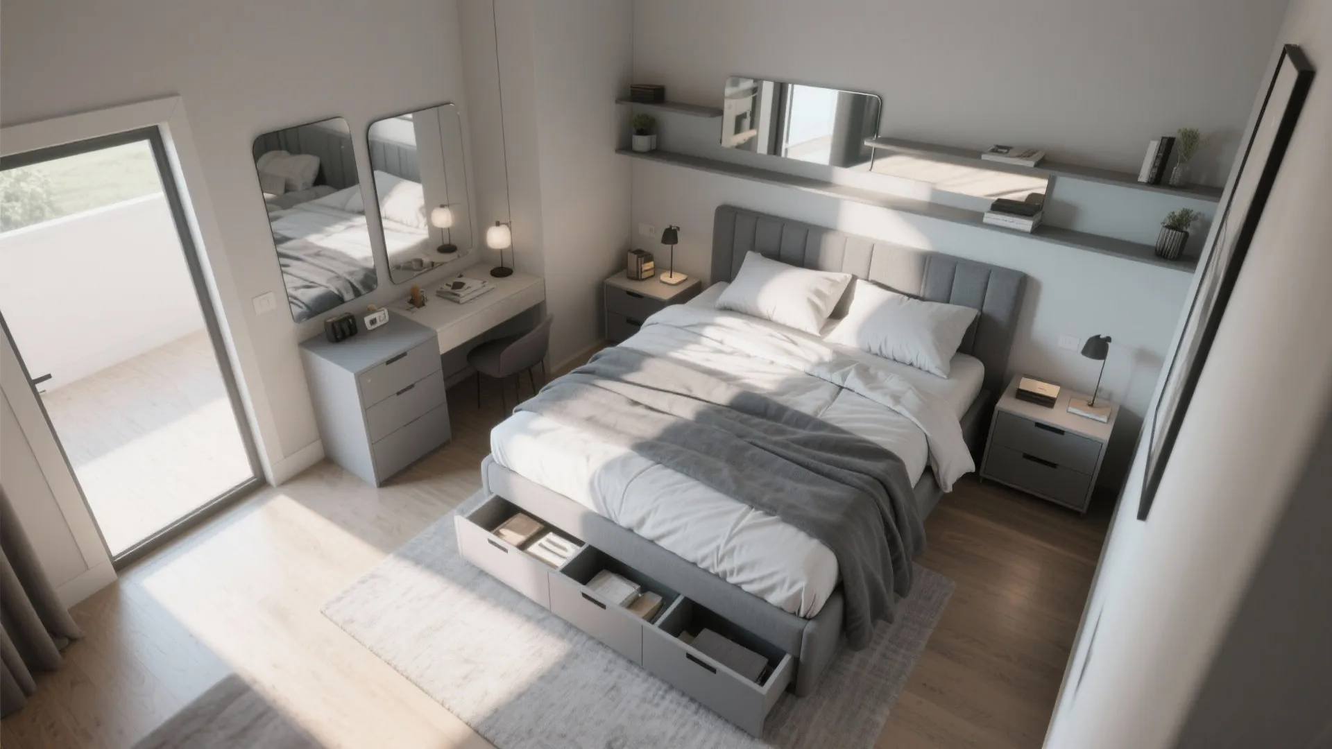 Top-down view of a small bedroom with a gray storage bed and mirrored bedside surfaces