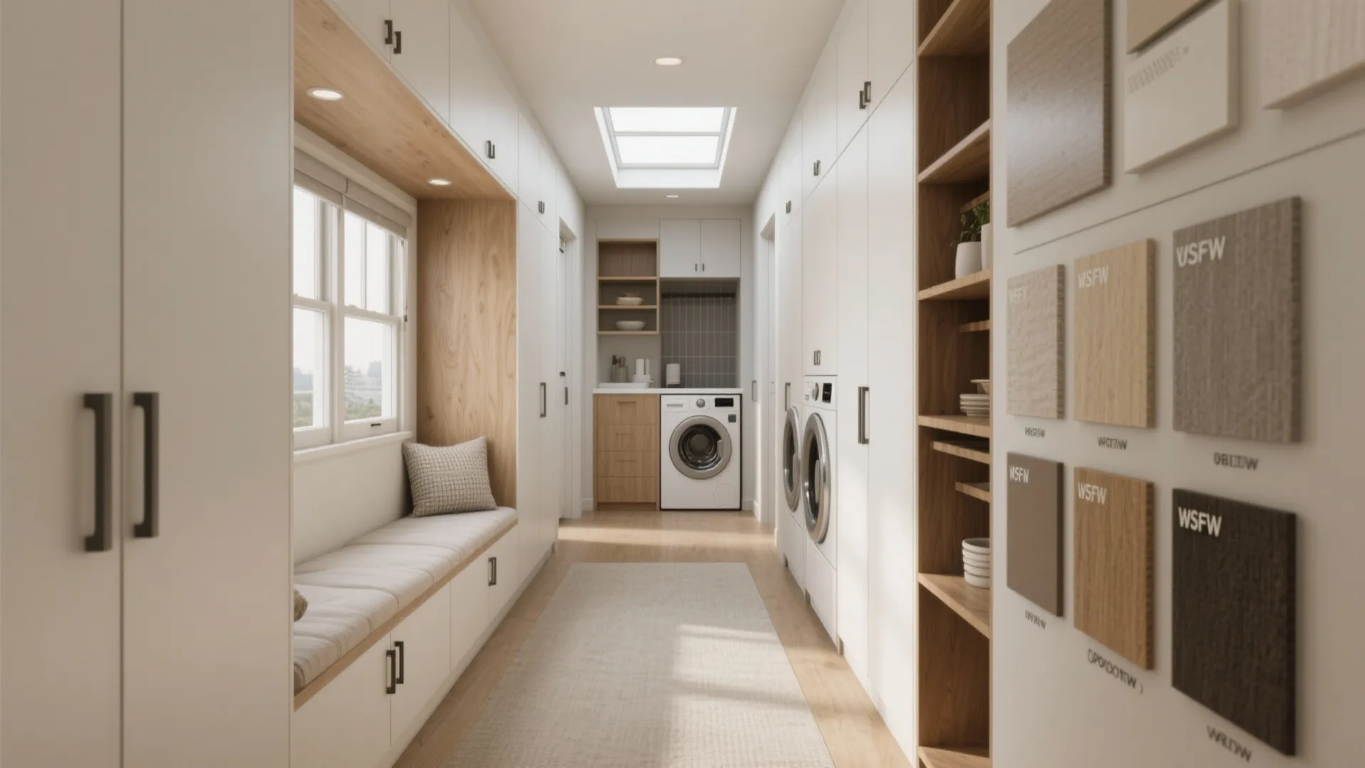 Flatlay of materials and layout details for a compact single-story home with smart storage solutions