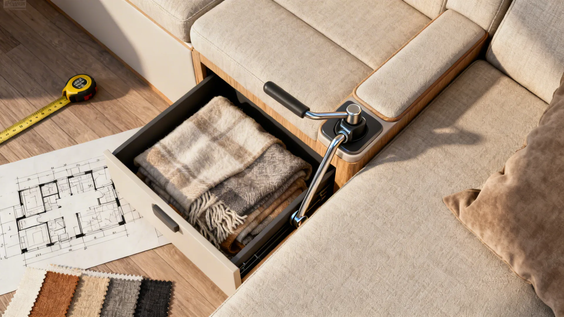 Flatlay of compact sectional storage details, fabric swatches, and measurement tools.