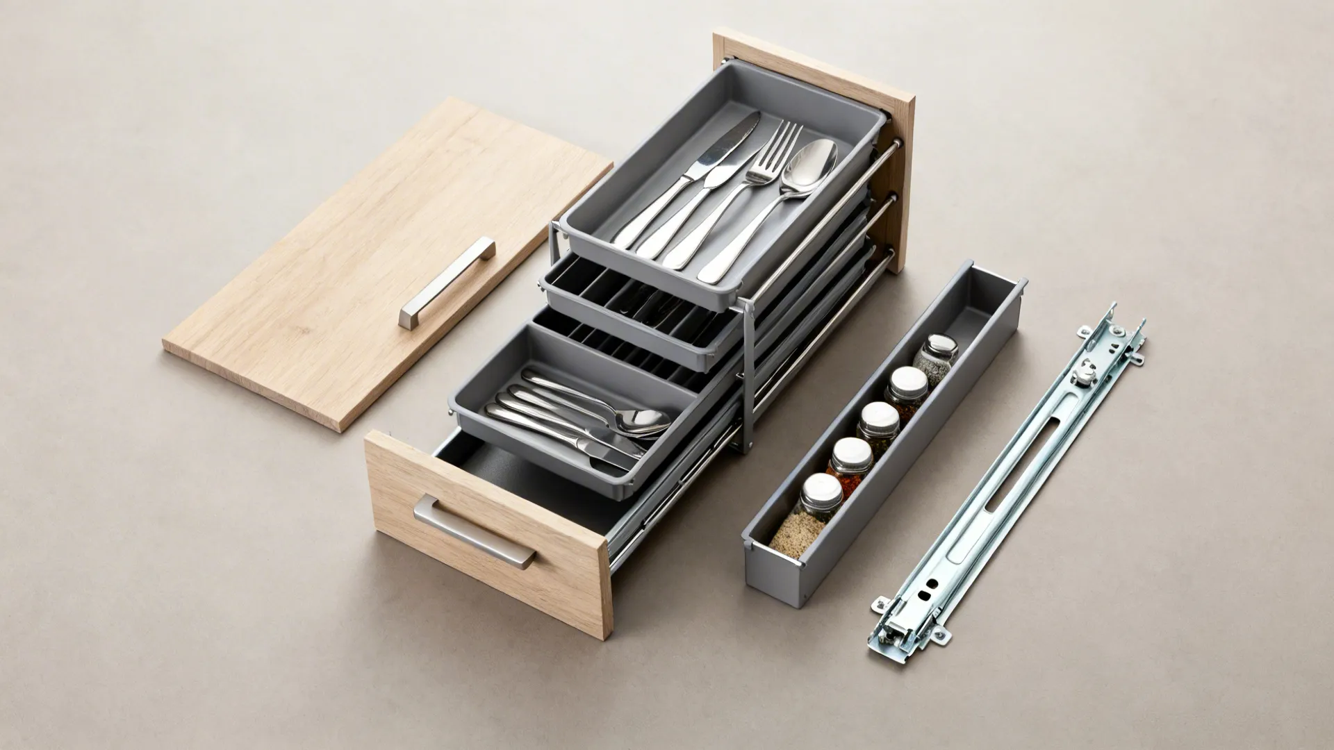 Flatlay of toe-kick drawer, two-tier cutlery tray, spice pull-out insert, and soft-close slides.