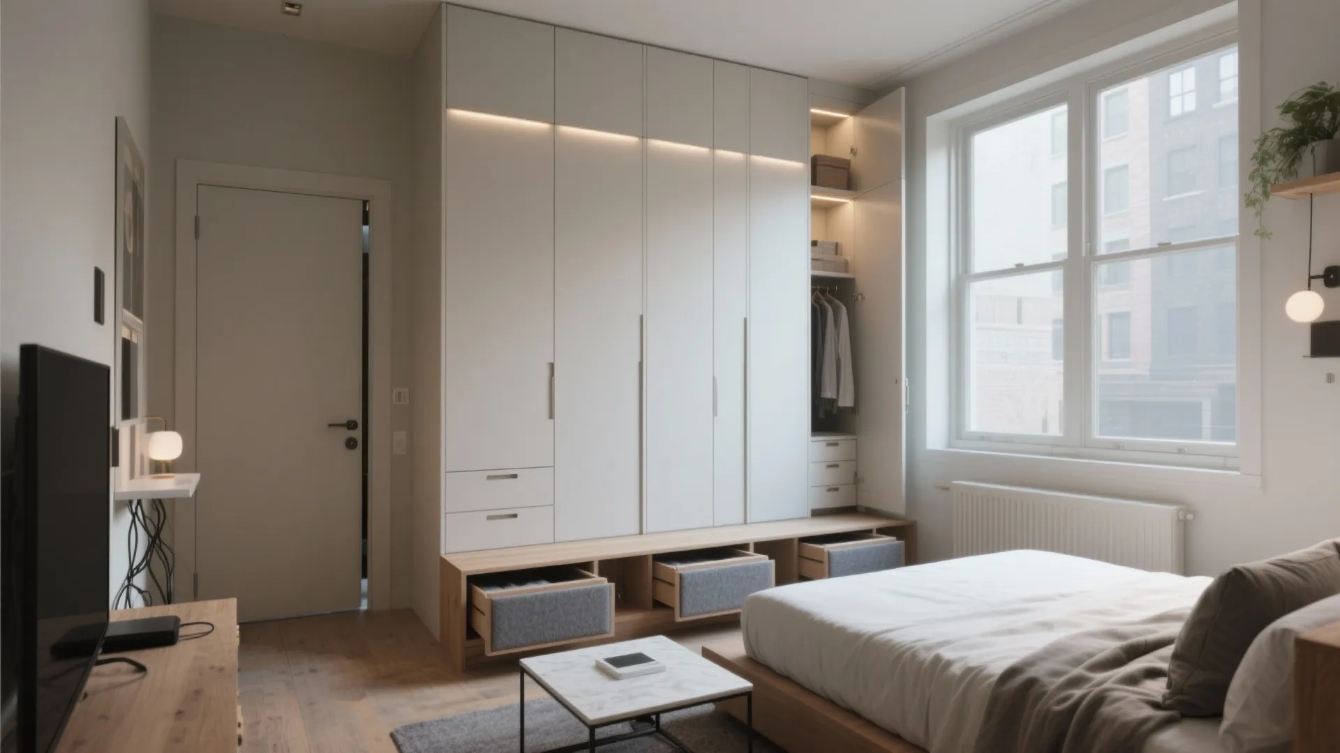 Modern bedroom with tall white wardrobe, wooden bed, marble table, open window, and natural light
