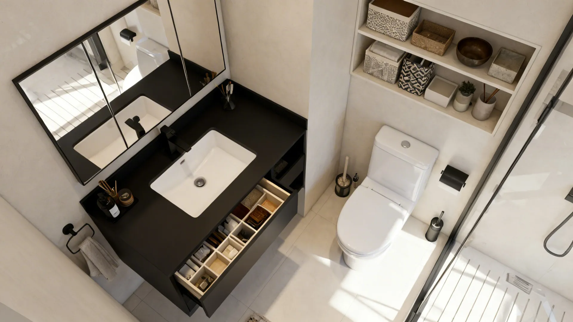 Compact bathroom layout with black vanity, mirrored medicine cabinet, and open shelving for smart storage.