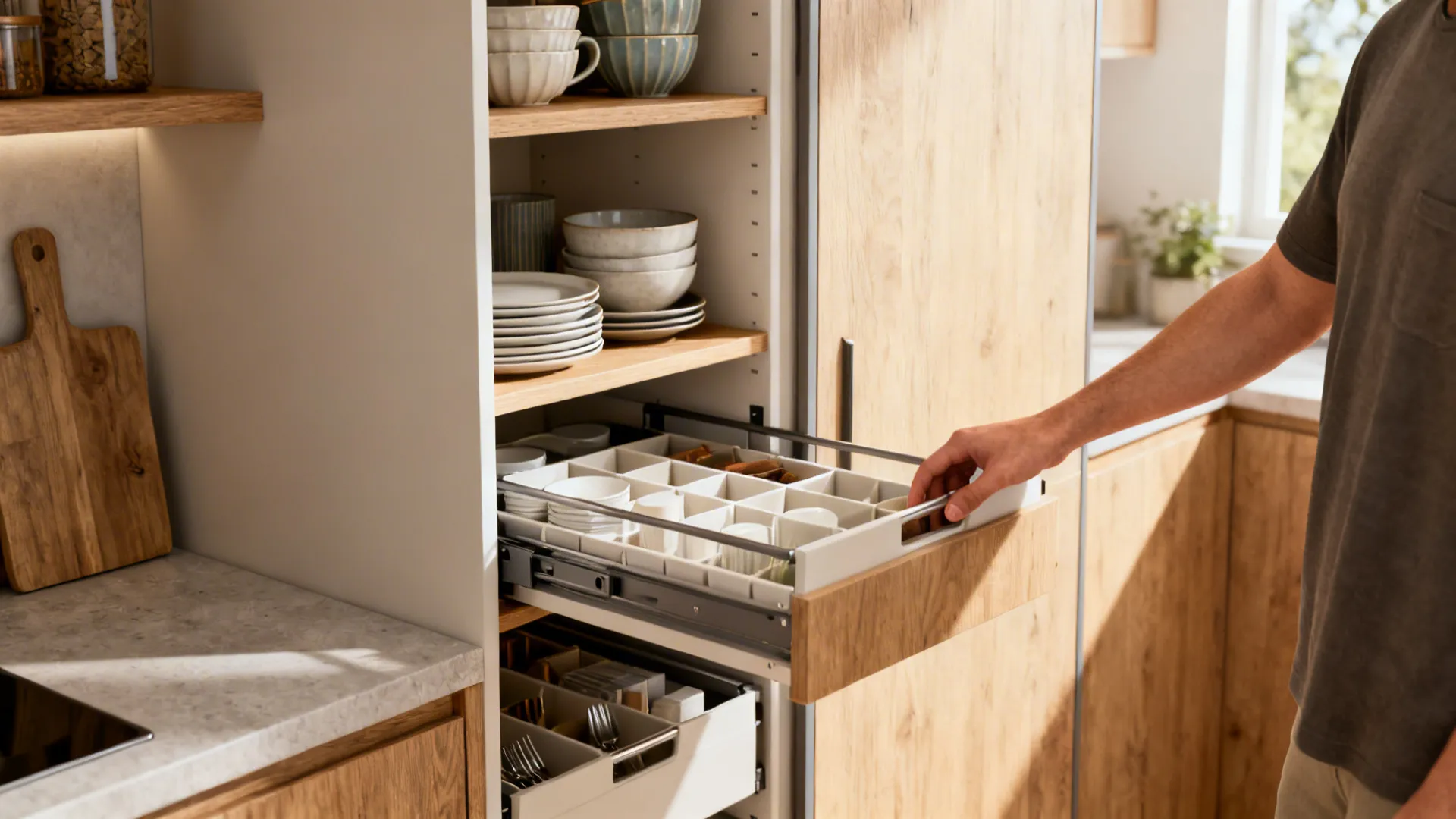 Narrow pull-out pantry and two-tier open shelving demonstrating smart compact storage in a small kitchen.