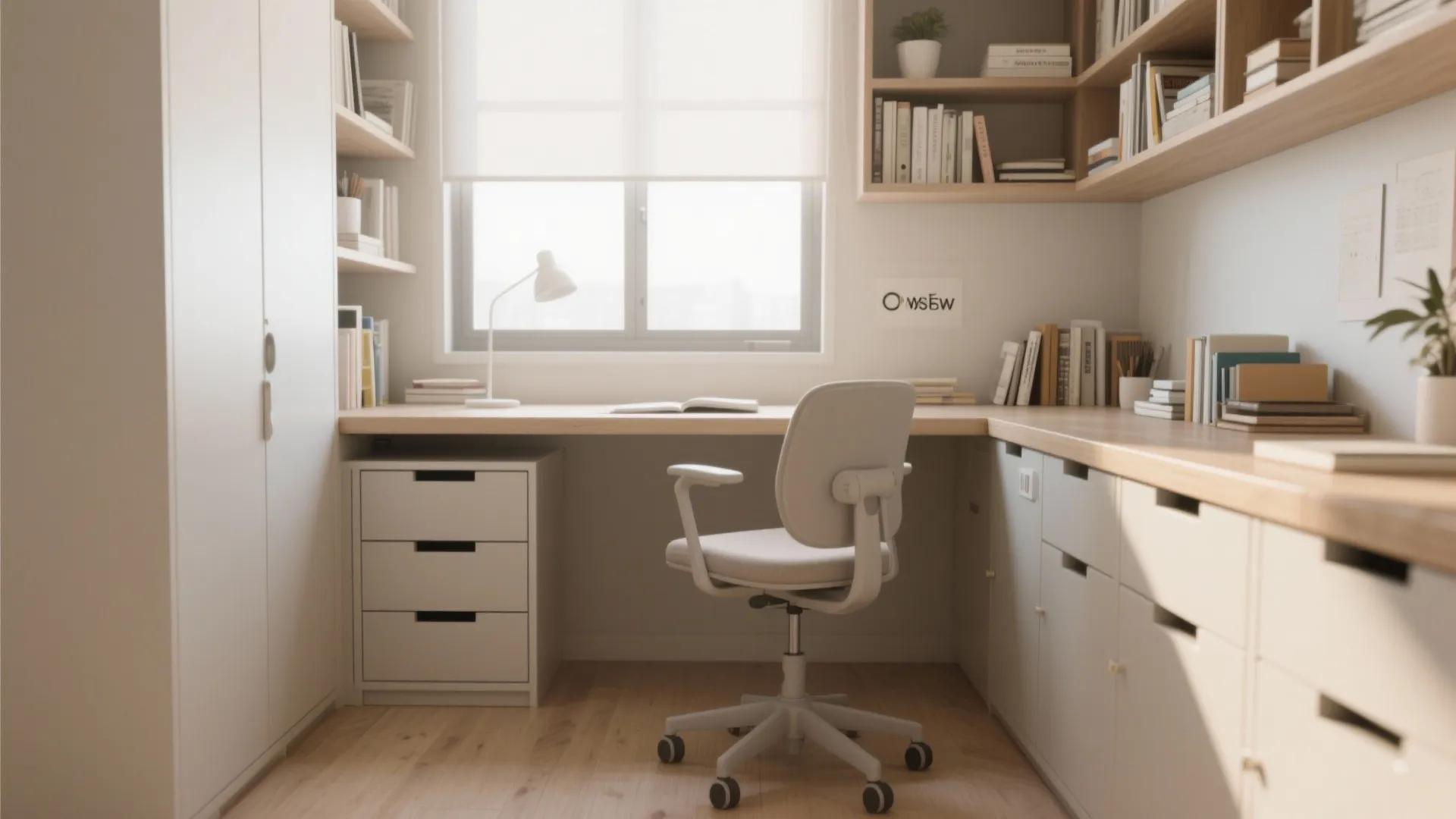 Bright study room featuring an L-shaped desk with white drawers rolling chair and window view