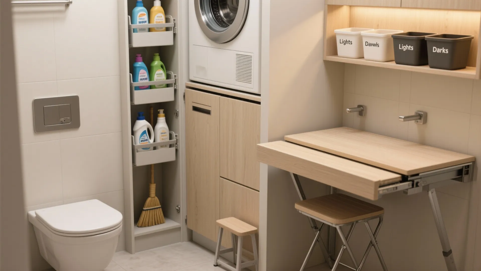 Compact storage wall with pull-outs and a fold-down folding table