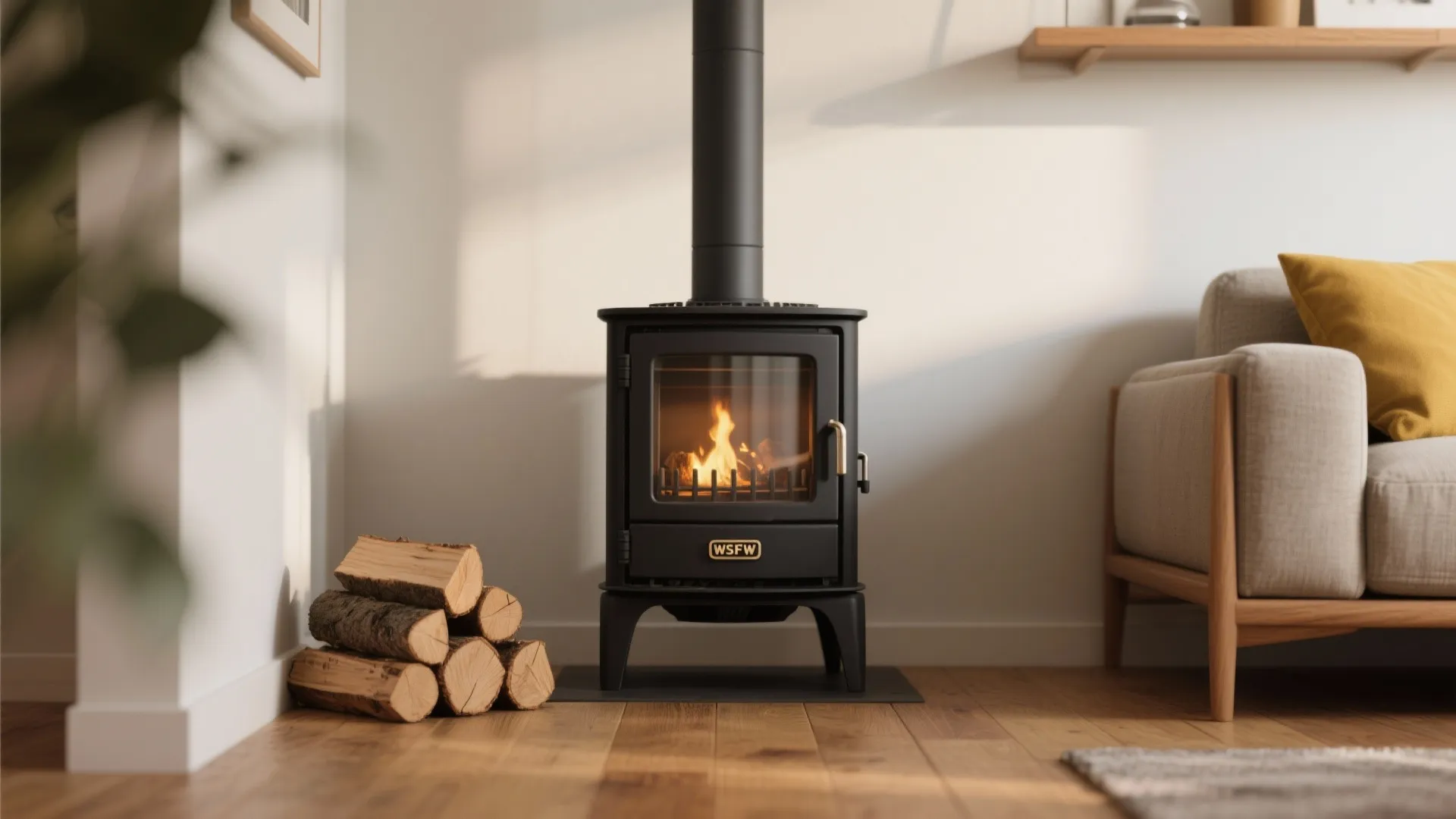Close up of black wood burning stove with fire inside next to a sofa and logs