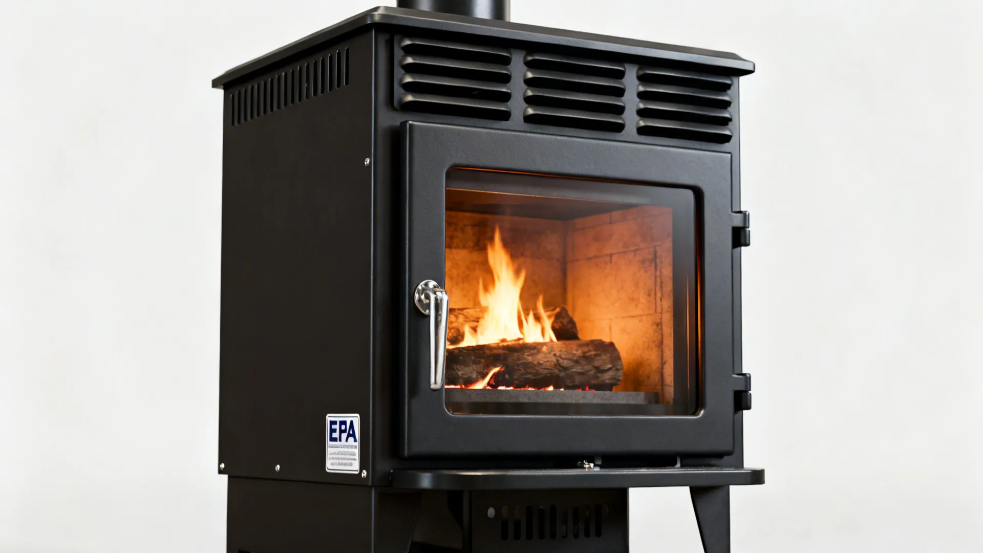 Close-up of a compact high-efficiency wood stove with visible vents and glowing embers.