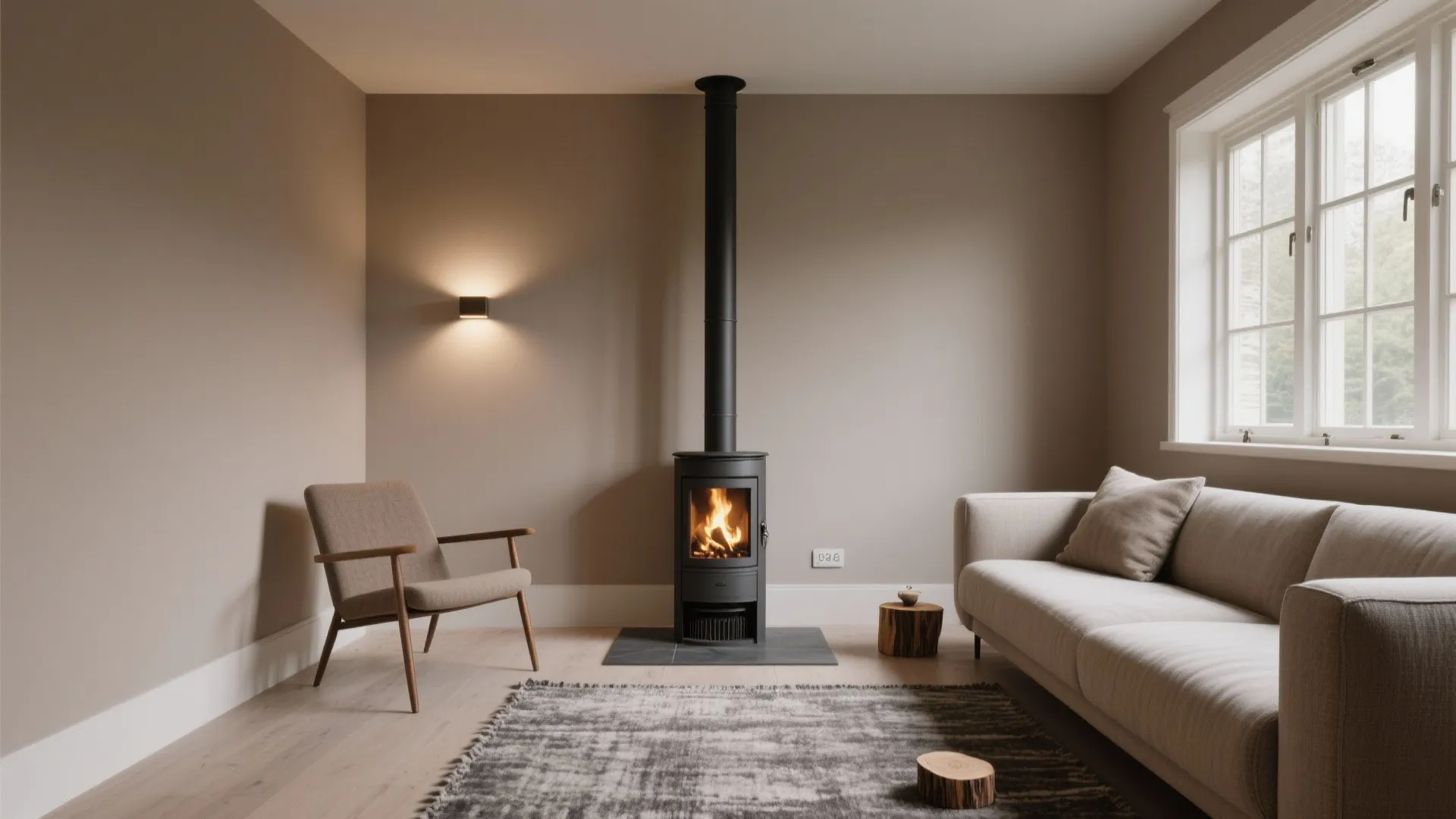 Minimalist living room with black fireplace beige sofa grey rug wooden floor wall light windows