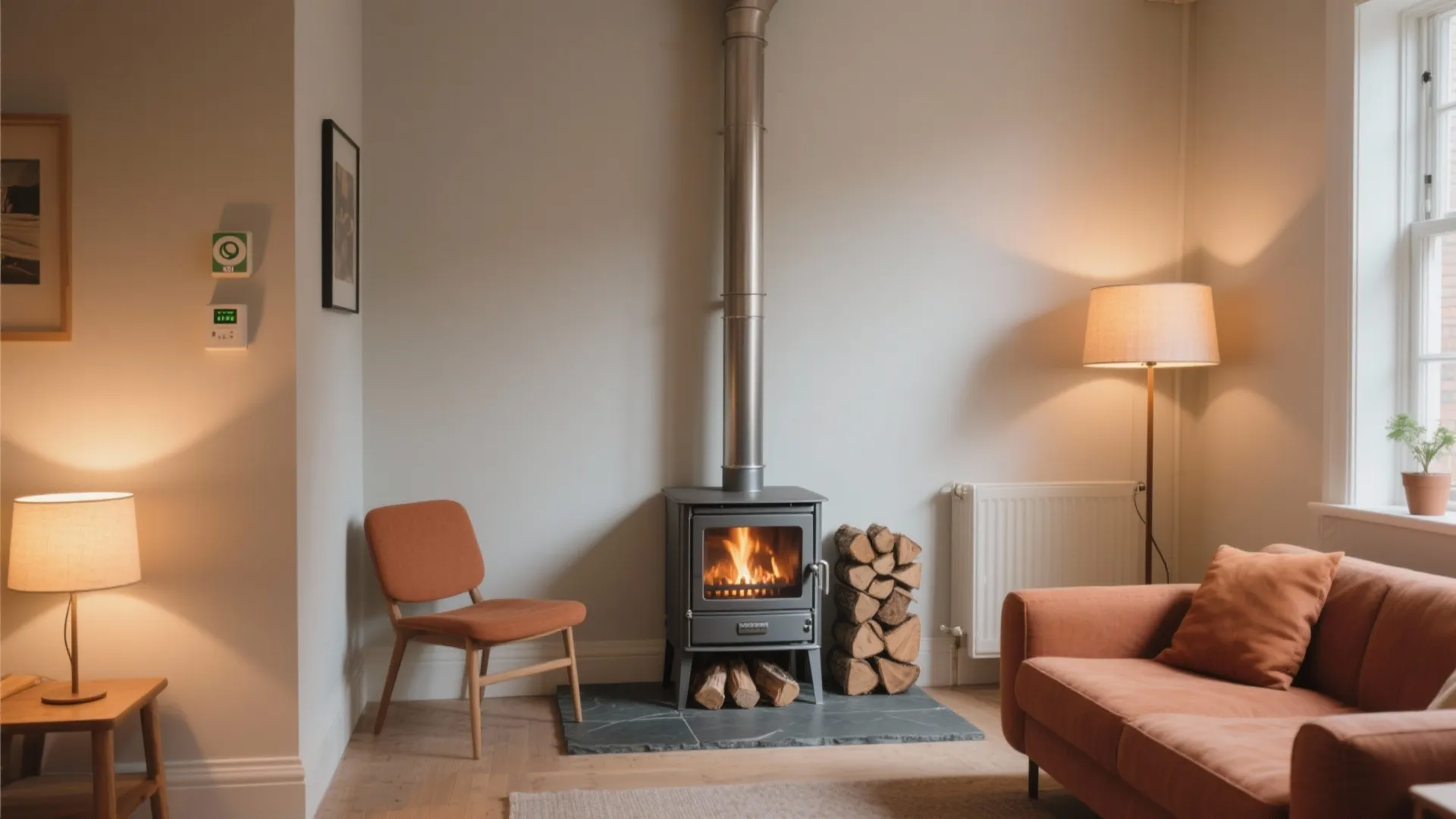 Modern living room with black fireplace stove, firewood, orange sofa, floor lamp, and wooden floor
