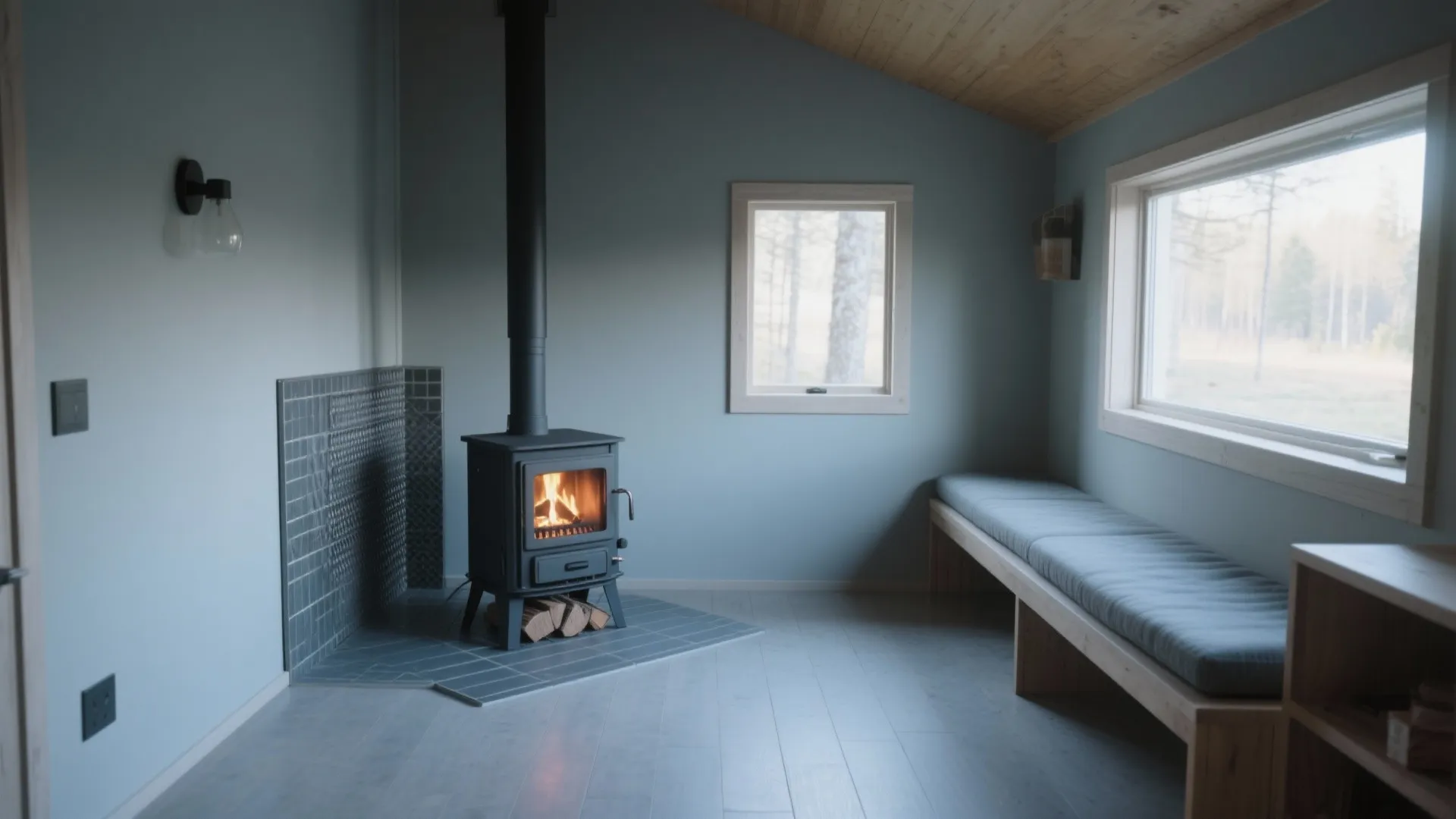 Modern cabin interior with wood burning stove blue walls long wooden bench and large window