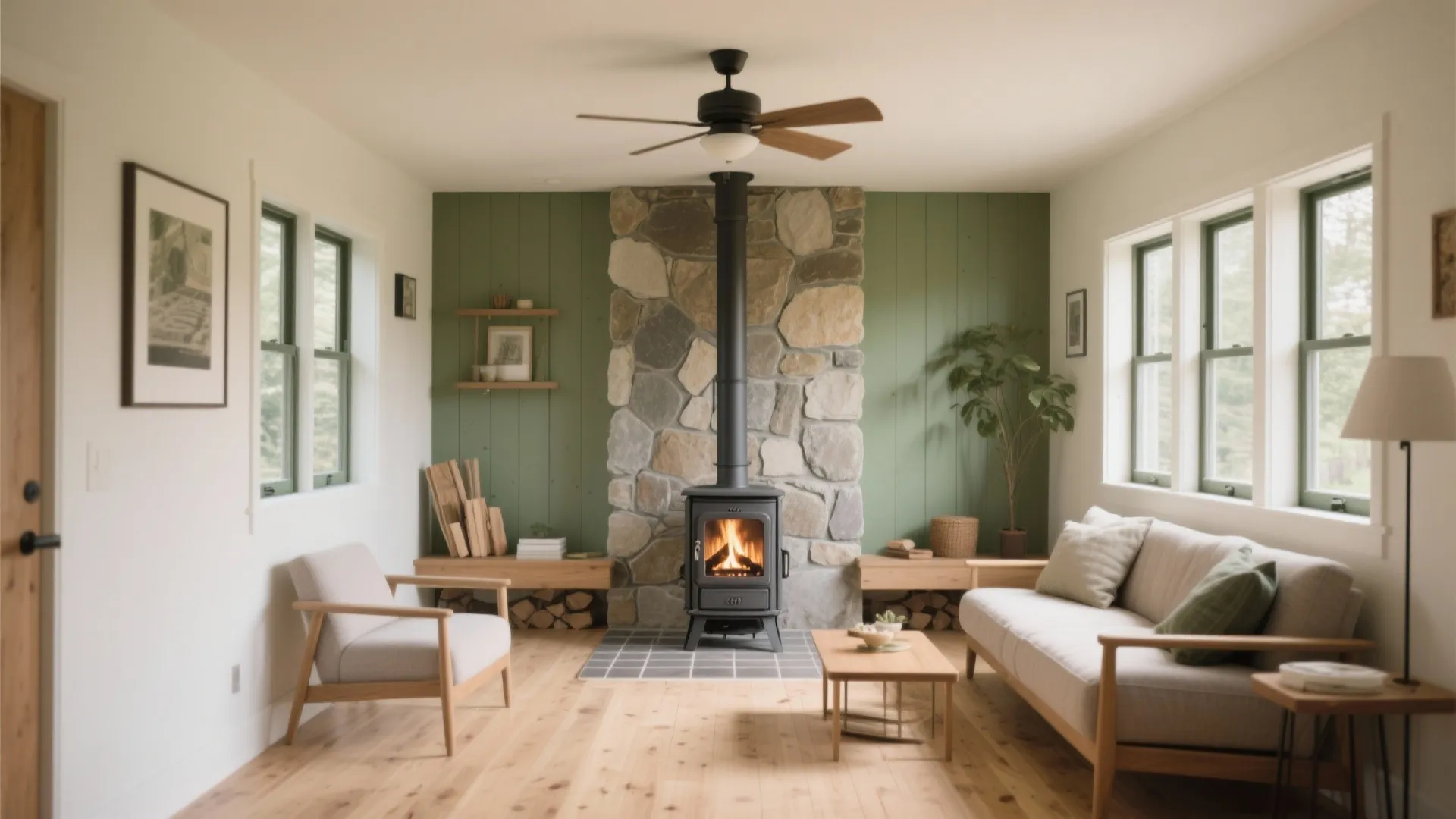 Living room with wood stove against stone wall, green panels, white sofa, armchair, and windows