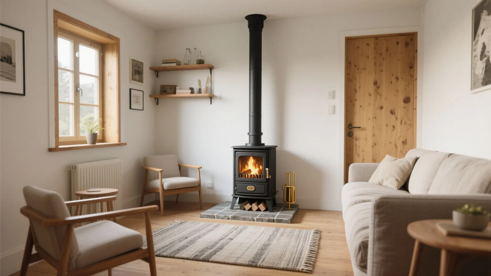 Cozy living room interior featuring black wood burning stove, beige sofa, wooden floor, and windows