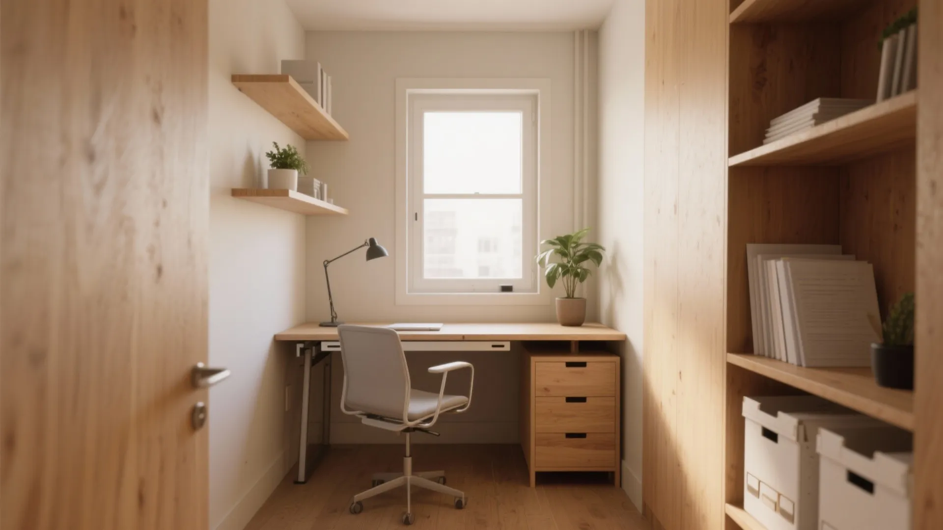 Minimalist home office with wooden desk white chair shelves window plants and a desk lamp