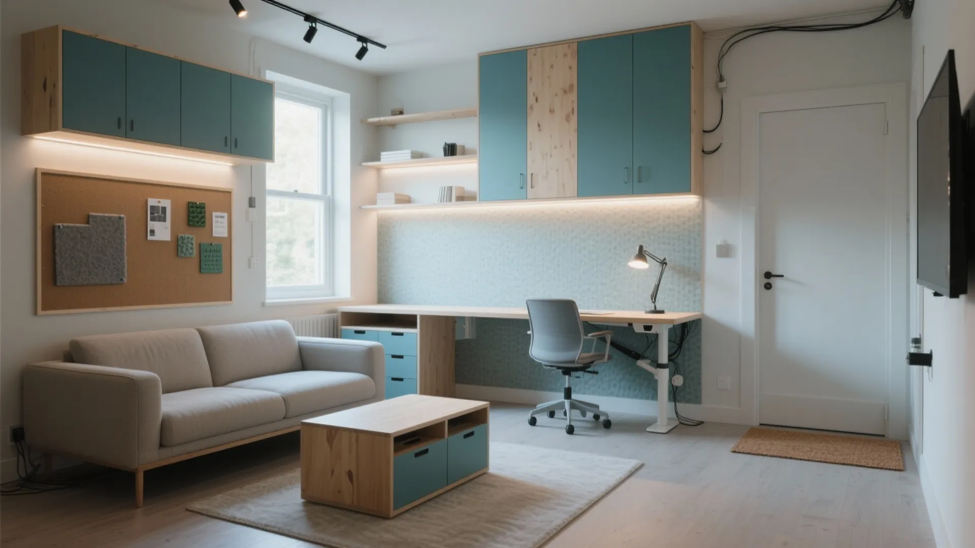 Modern studio with grey sofa wood coffee table long desk and teal blue storage wall cabinets