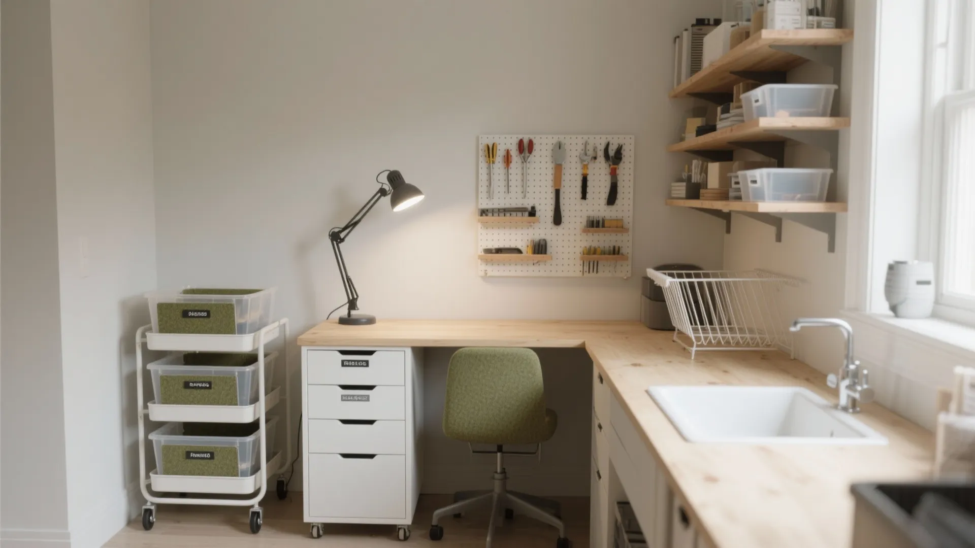 Compact home studio with wooden desk green chair wall tool board white cabinet and sink