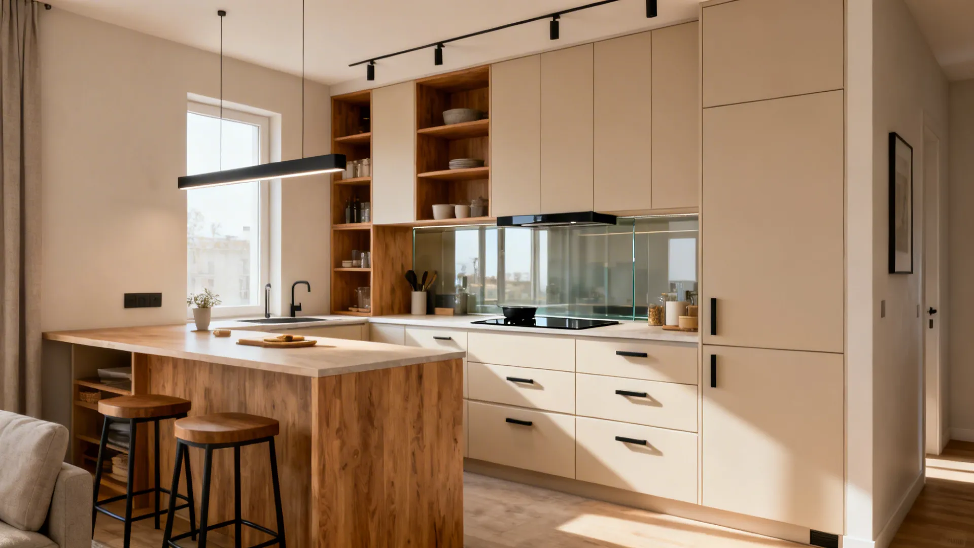 Modern open plan kitchen with wood island cream cabinets bar stools track lighting and window